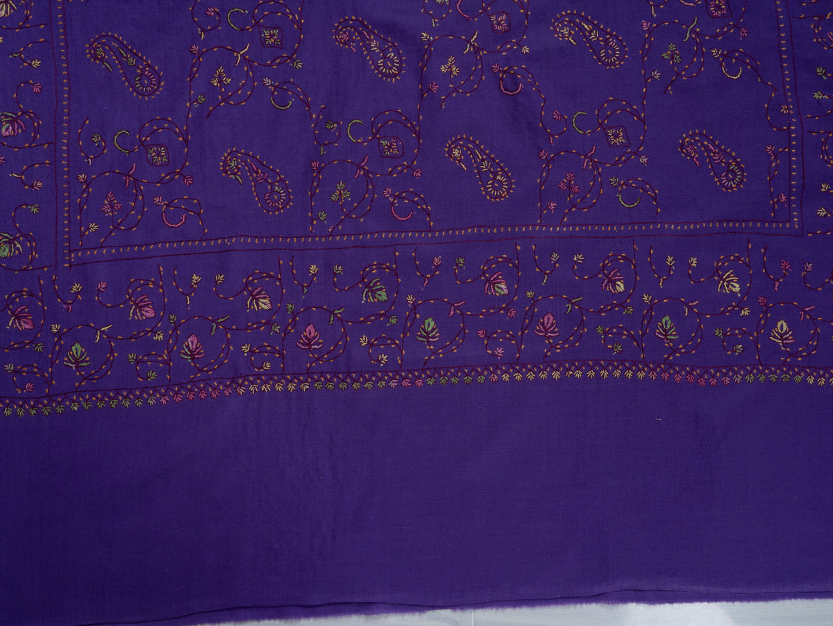 Royal Amethyst Sozni Hand Embroidered Fine merino wool Shawl with Delicate Paisley and Vine Patterns