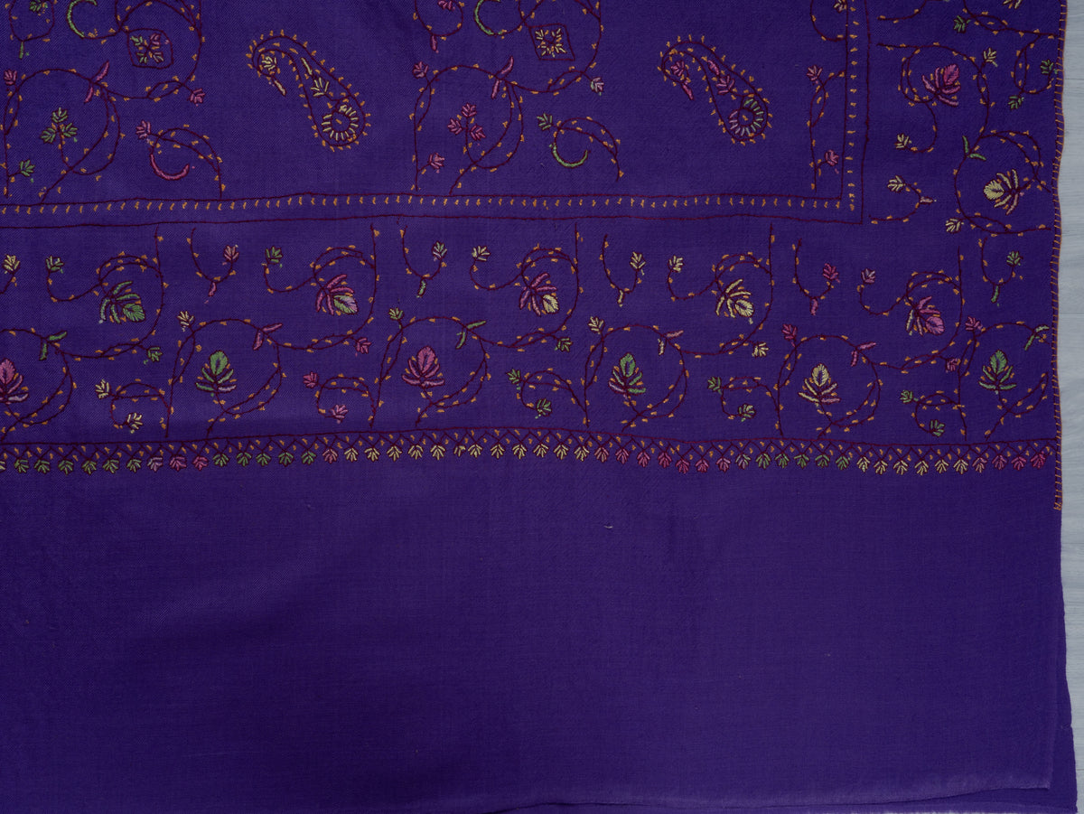 Royal Amethyst Sozni Hand Embroidered Fine merino wool Shawl with Delicate Paisley and Vine Patterns