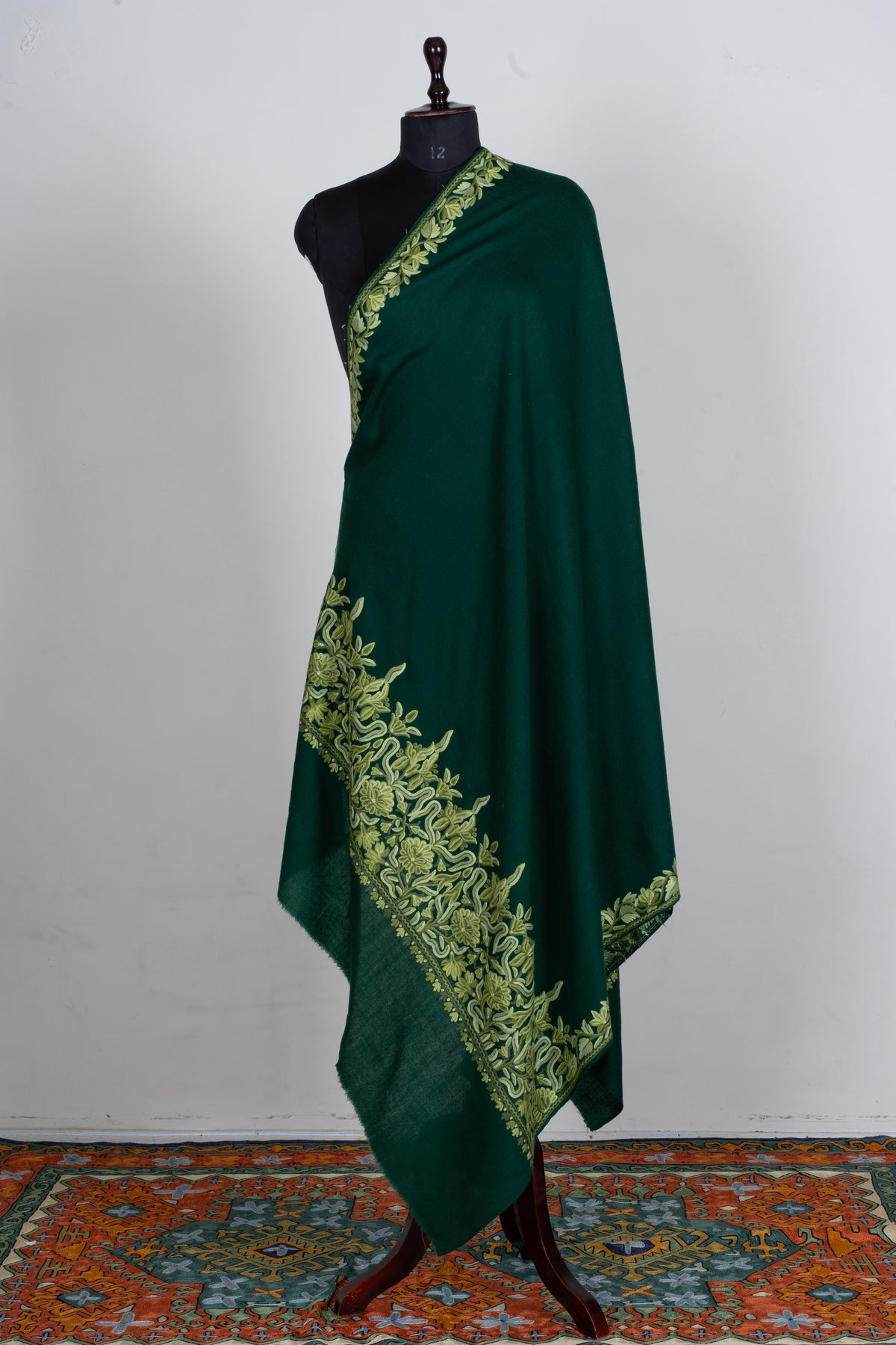 Forest Green Aari Hand Embroidered Fine merino wool Shawl with Sage Green Floral Borders