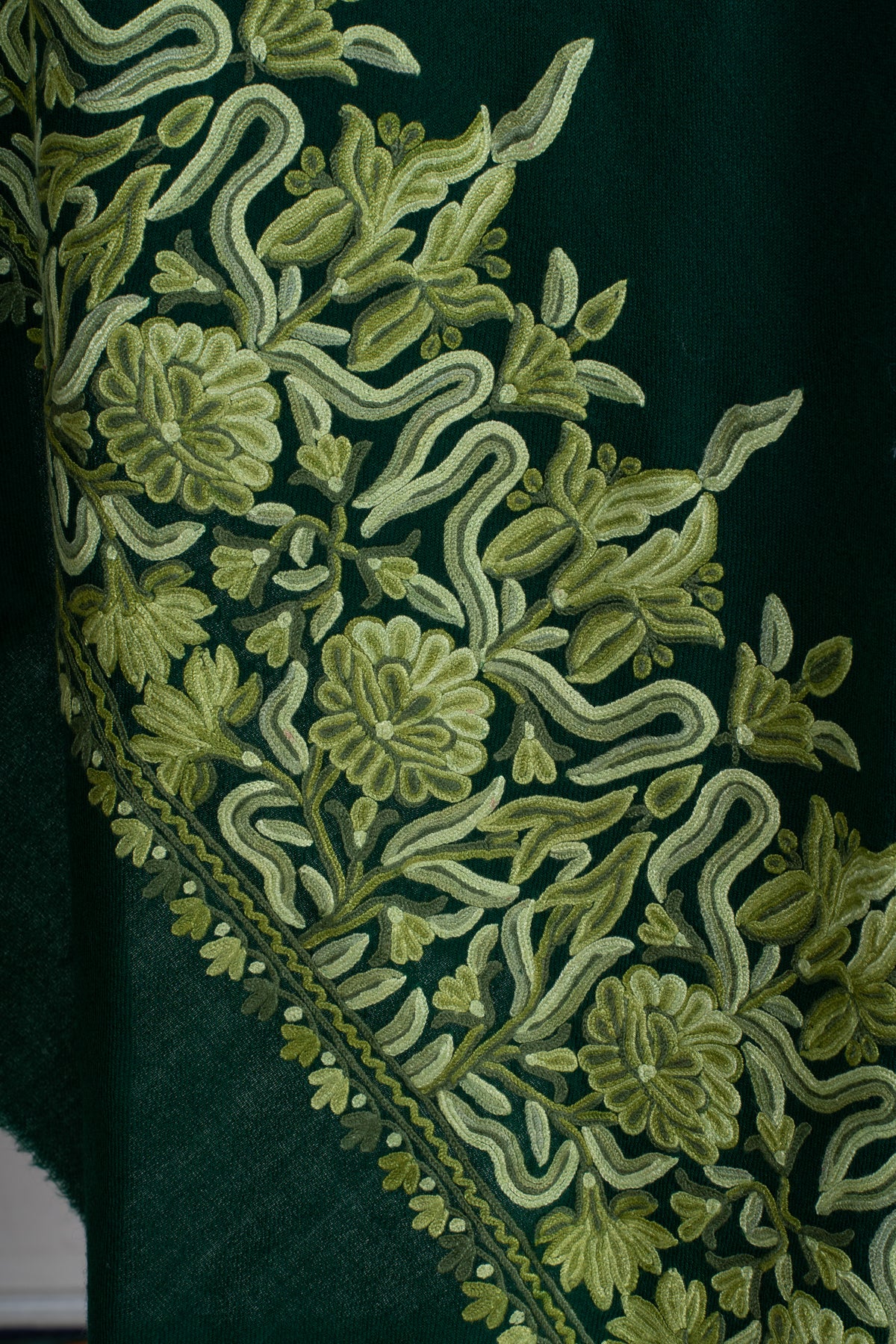 Forest Green Aari Hand Embroidered Fine merino wool Shawl with Sage Green Floral Borders
