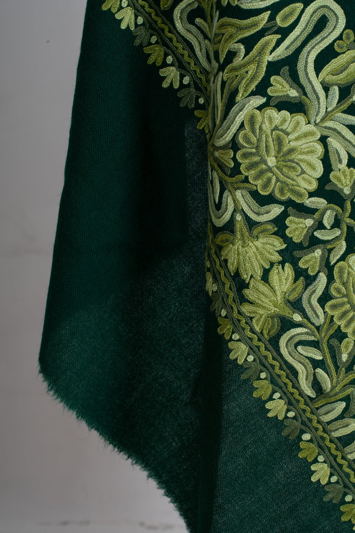 Forest Green Aari Hand Embroidered Fine merino wool Shawl with Sage Green Floral Borders