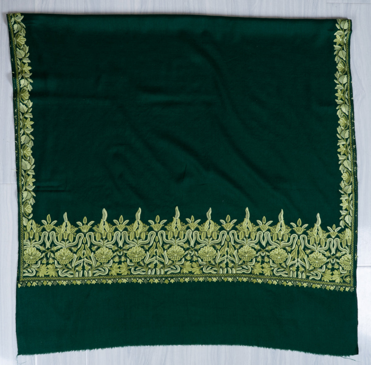 Forest Green Aari Hand Embroidered Fine merino wool Shawl with Sage Green Floral Borders