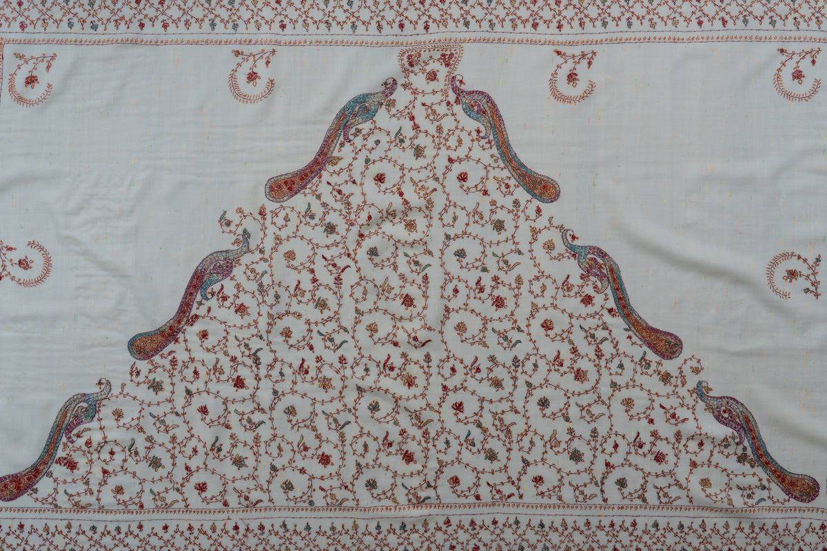 Ivory Serenity Sozni Hand Embroidered Fine merino wool with Delicate Floral Vines and Paisley Accents