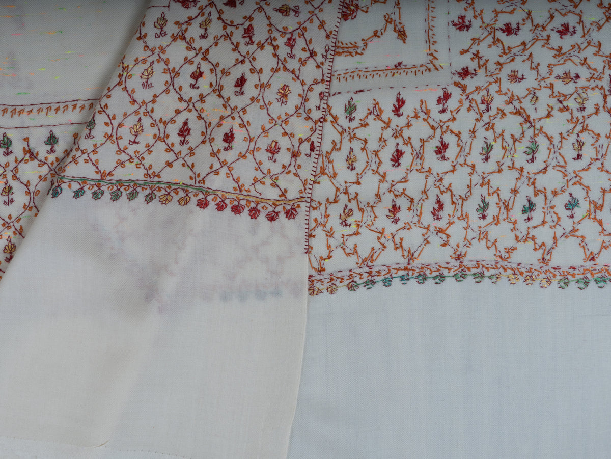 Ivory Serenity Sozni Hand Embroidered Fine merino wool with Delicate Floral Vines and Paisley Accents