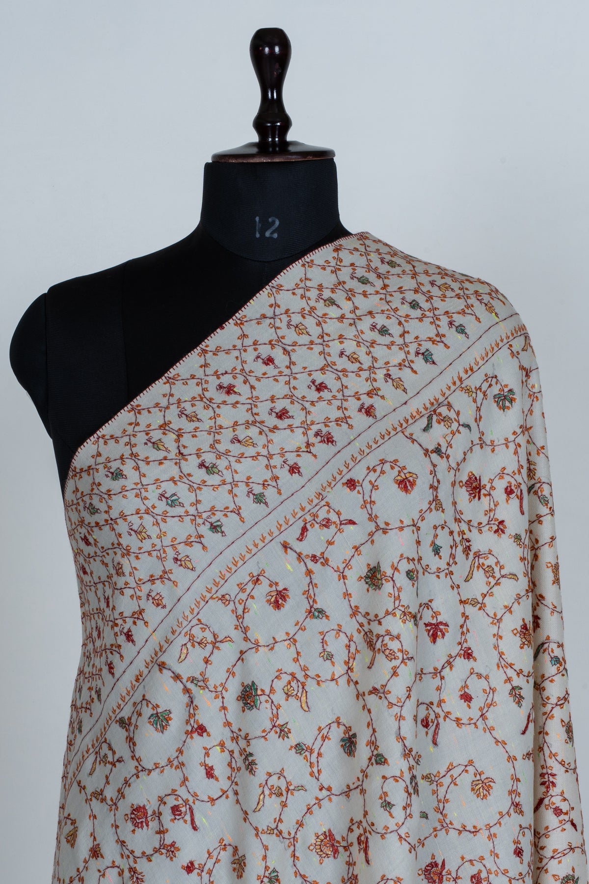 Ivory Serenity Sozni Hand Embroidered Fine merino wool with Delicate Floral Vines and Paisley Accents
