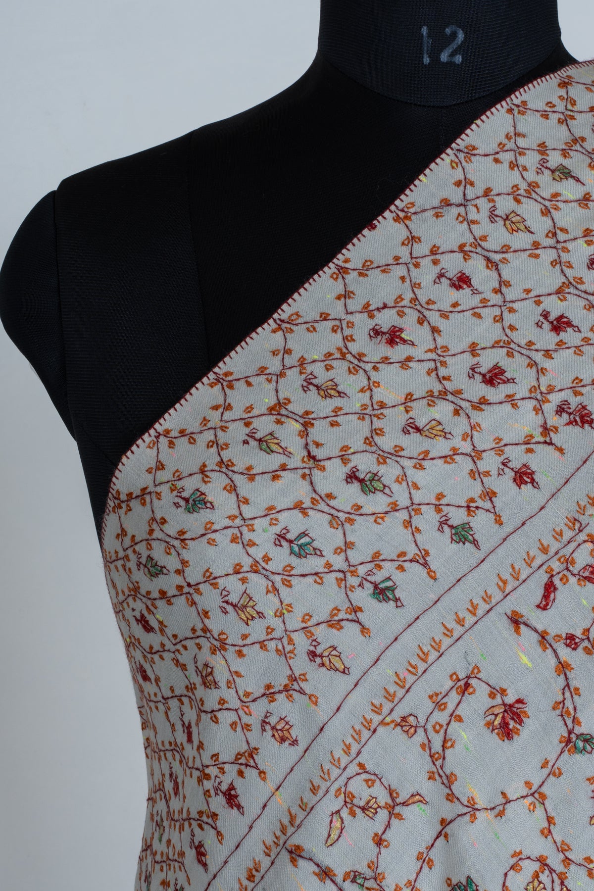 Ivory Serenity Sozni Hand Embroidered Fine merino wool with Delicate Floral Vines and Paisley Accents