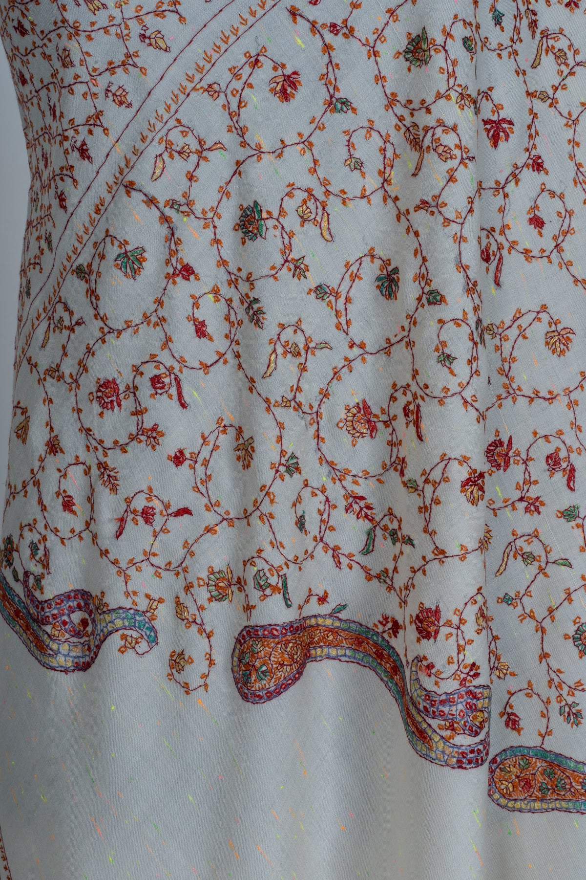 Ivory Serenity Sozni Hand Embroidered Fine merino wool with Delicate Floral Vines and Paisley Accents