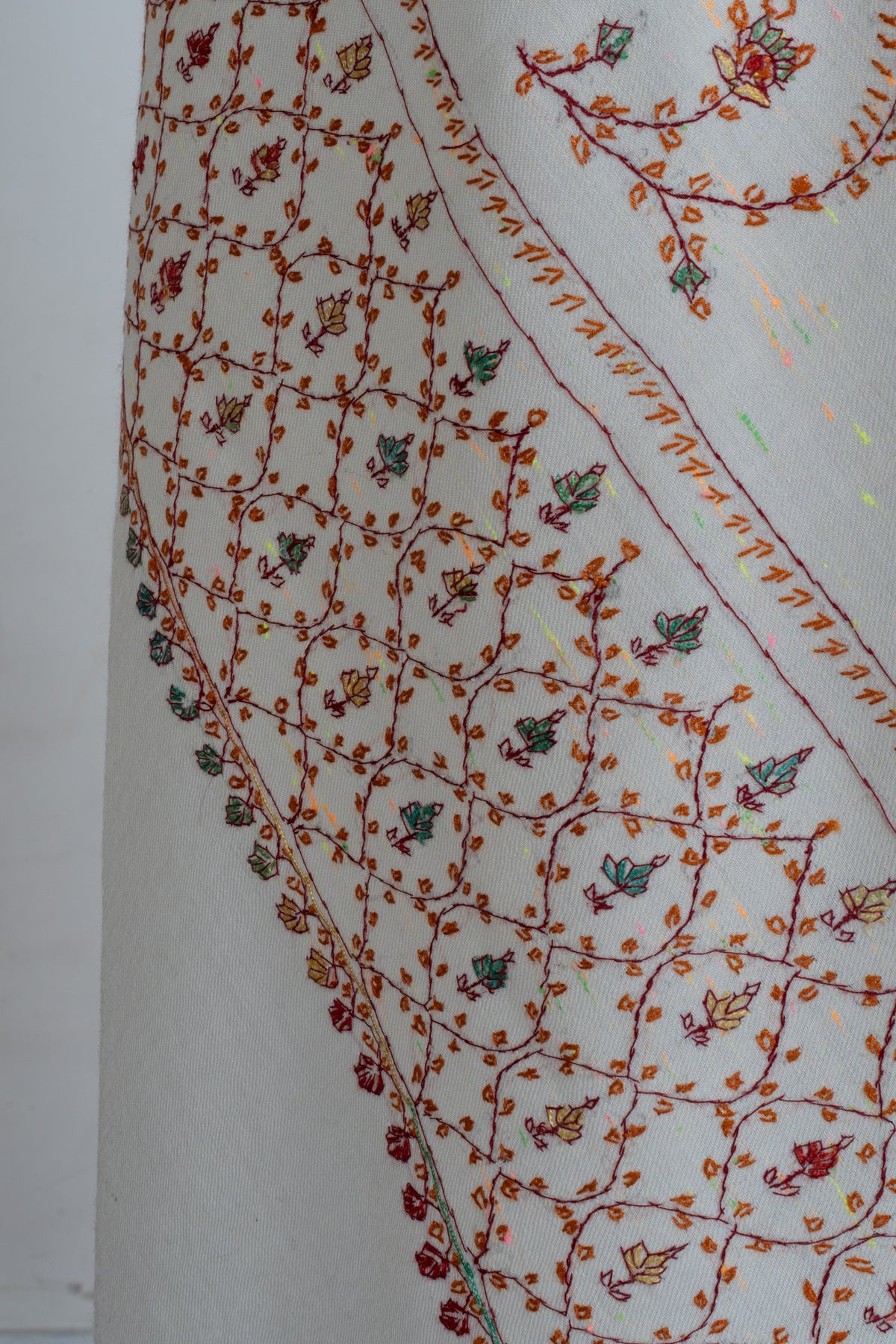 Ivory Serenity Sozni Hand Embroidered Fine merino wool with Delicate Floral Vines and Paisley Accents