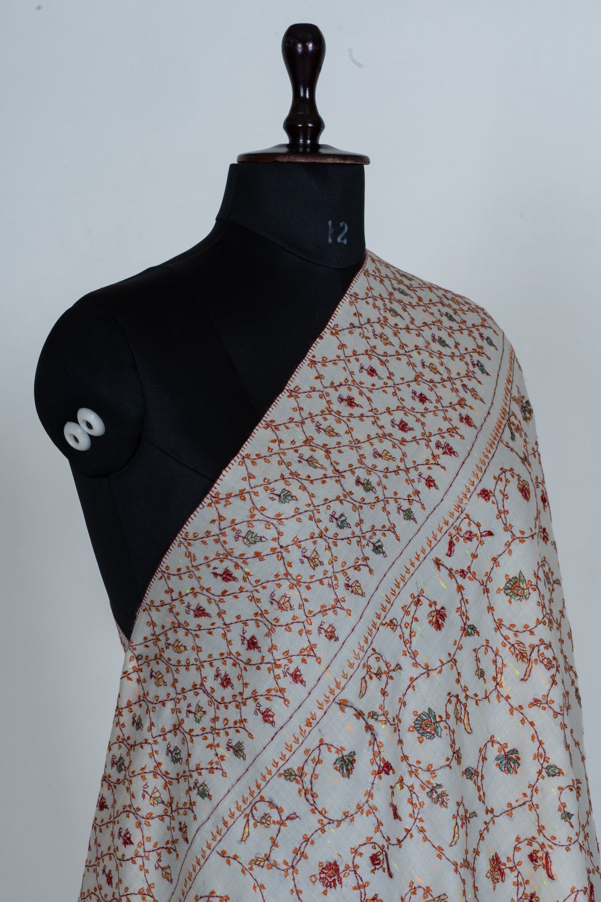 Ivory Serenity Sozni Hand Embroidered Fine merino wool with Delicate Floral Vines and Paisley Accents