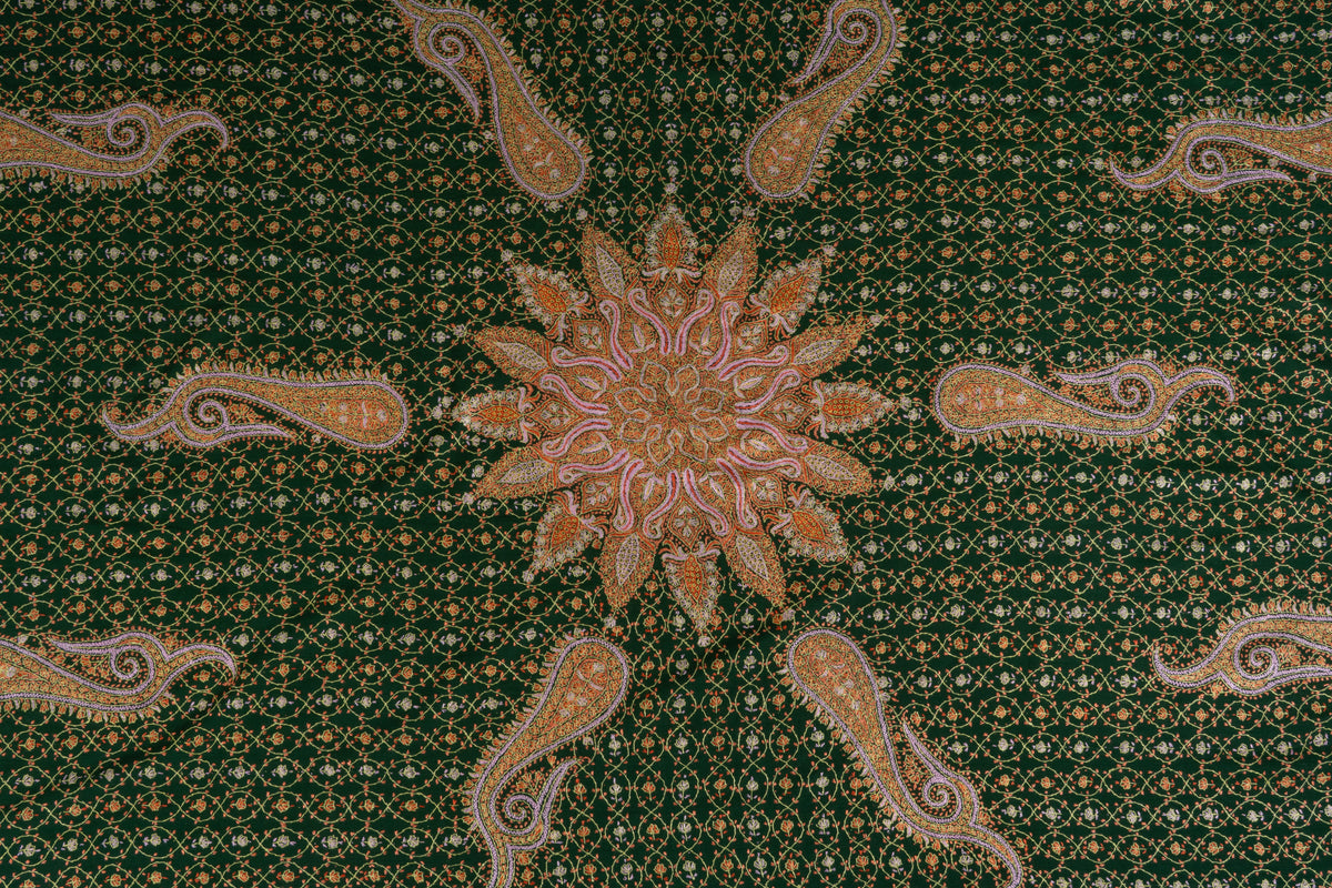Emerald Heritage Sozni Hand Embroidered Fine merino wool Shawl with Golden Paisley Patterns