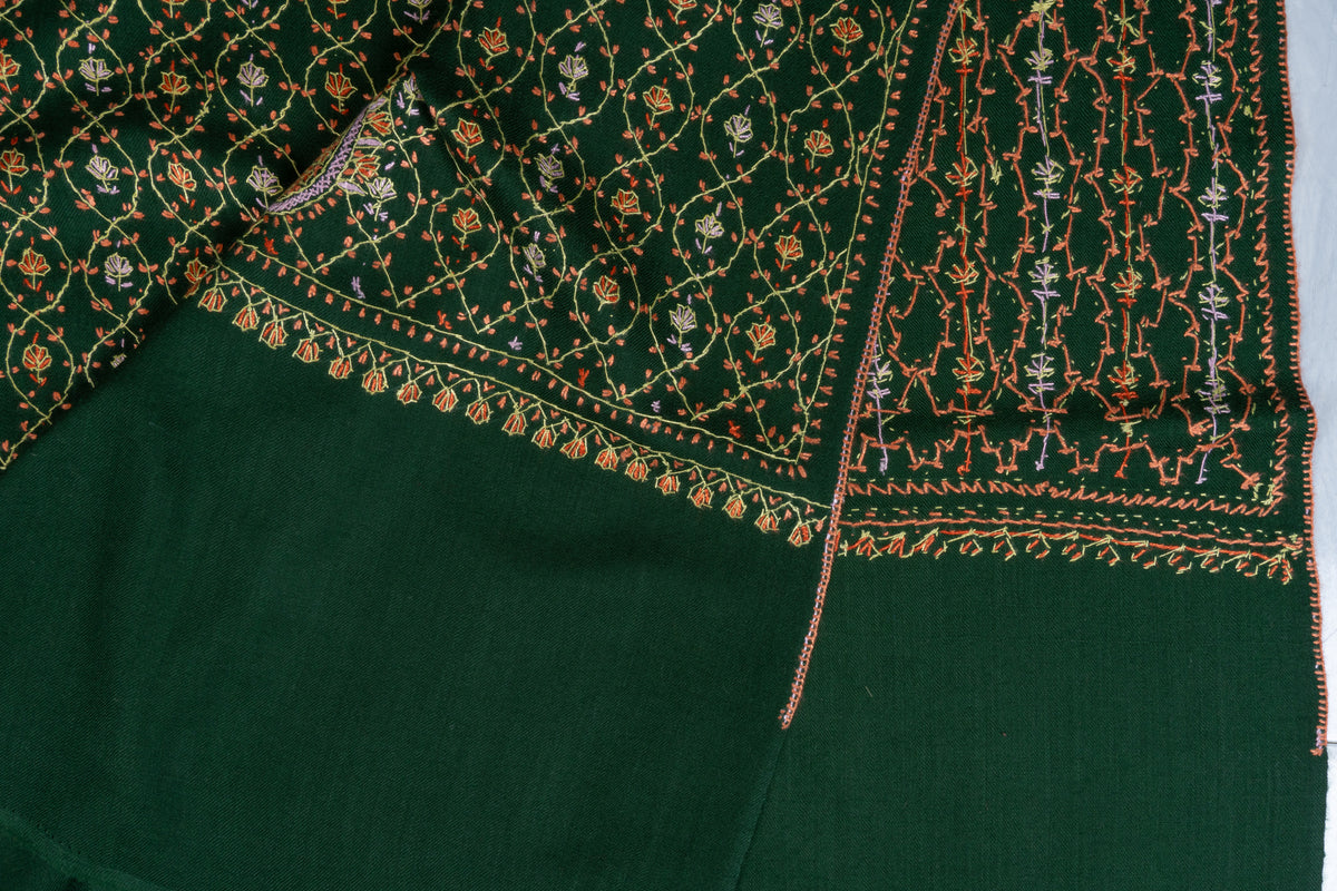 Emerald Heritage Sozni Hand Embroidered Fine merino wool Shawl with Golden Paisley Patterns