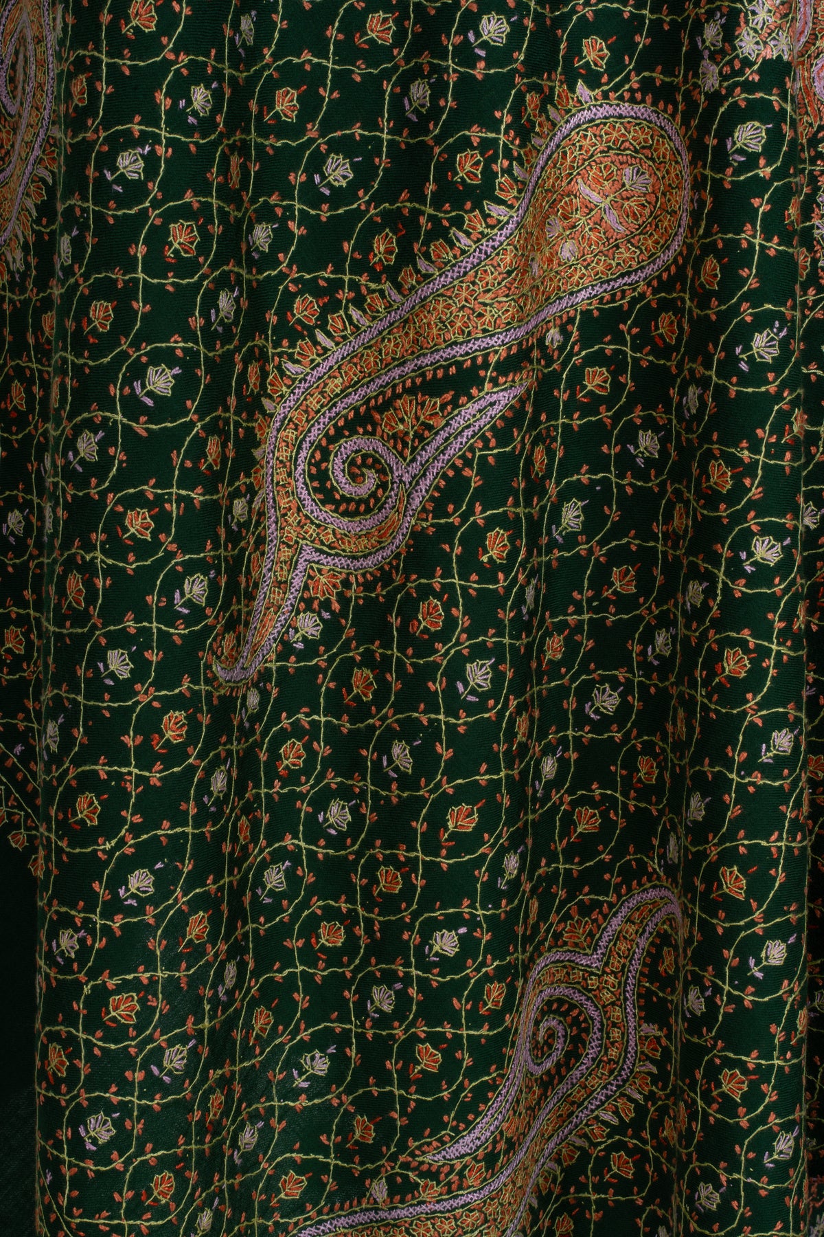 Emerald Heritage Sozni Hand Embroidered Fine merino wool Shawl with Golden Paisley Patterns