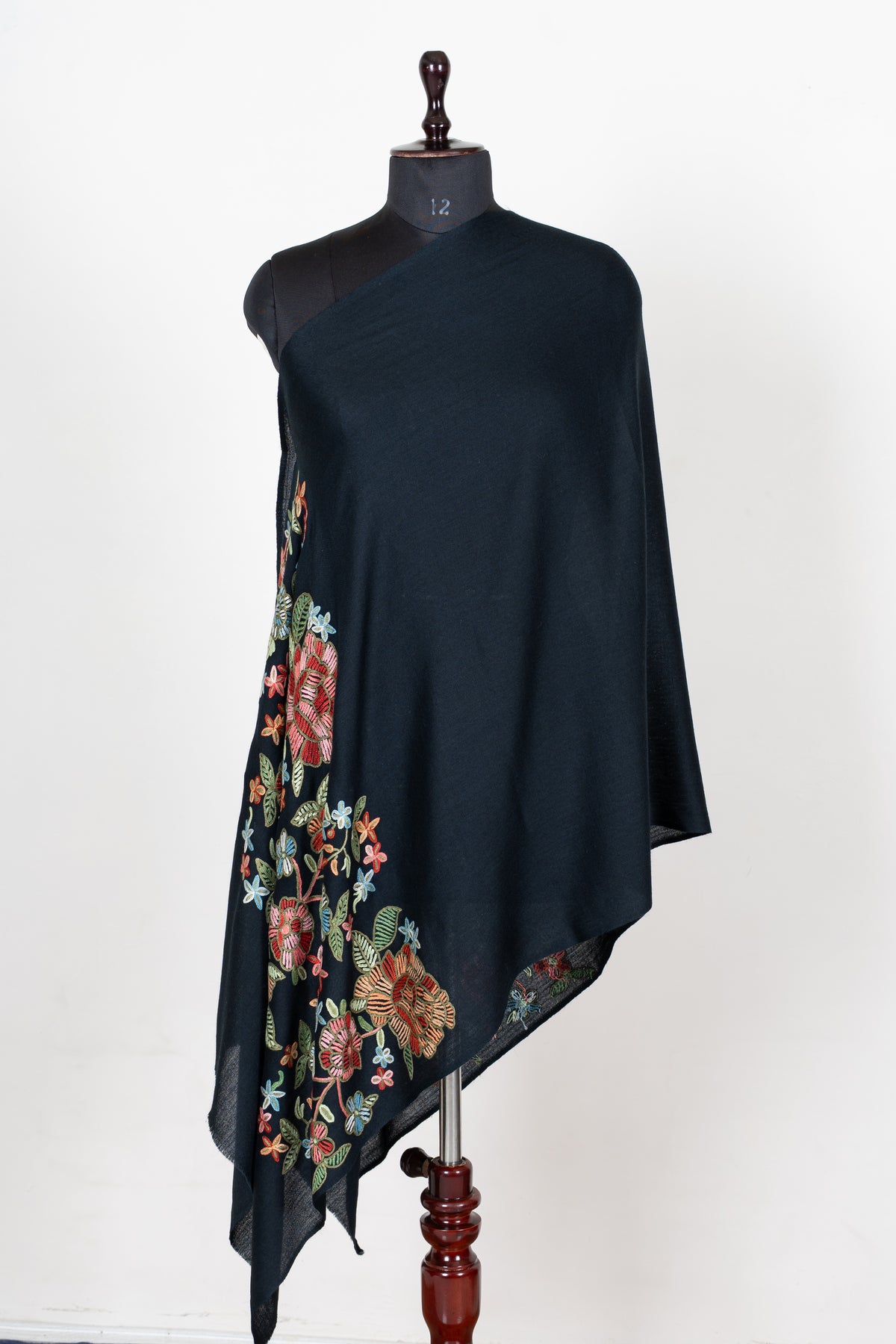 Midnight Garden Aari Hand Embroidered Fine merino wool scarf with Vibrant Floral Blossoms