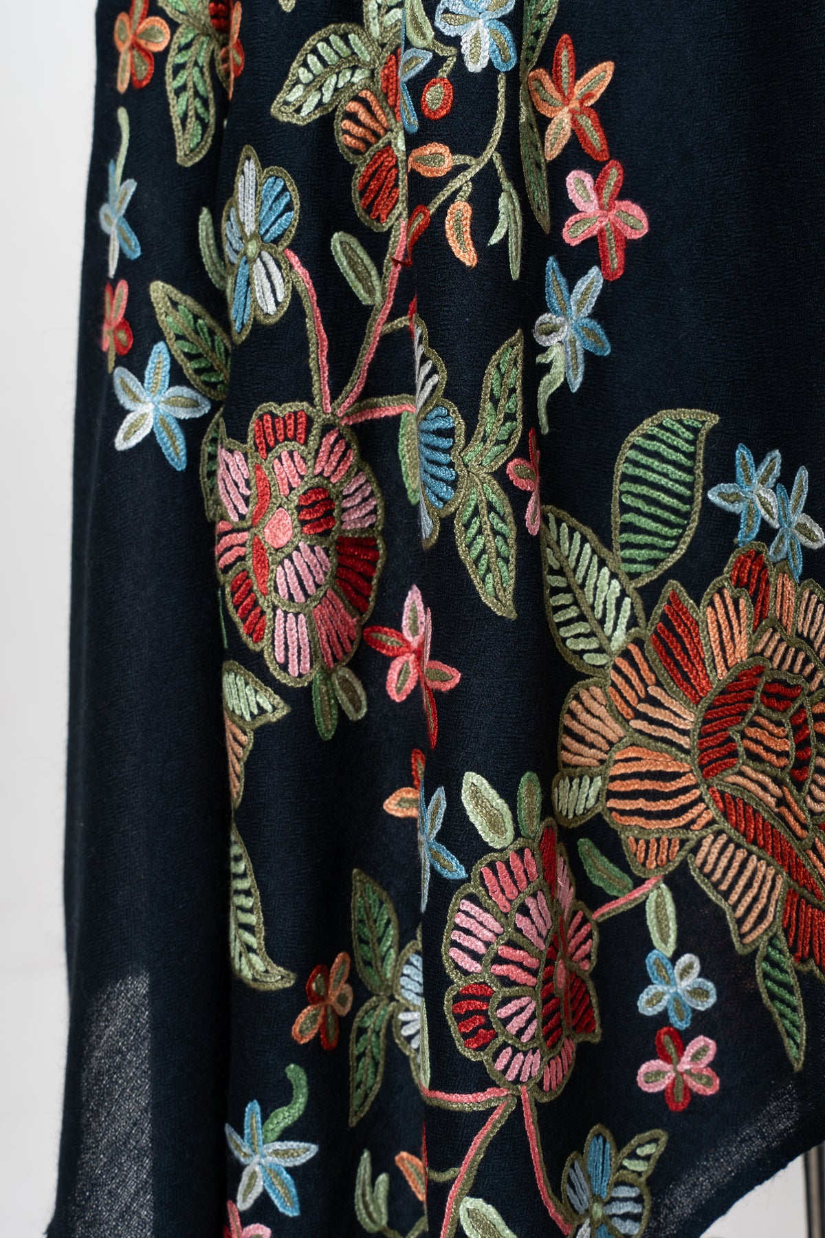 Midnight Garden Aari Hand Embroidered Fine merino wool scarf with Vibrant Floral Blossoms