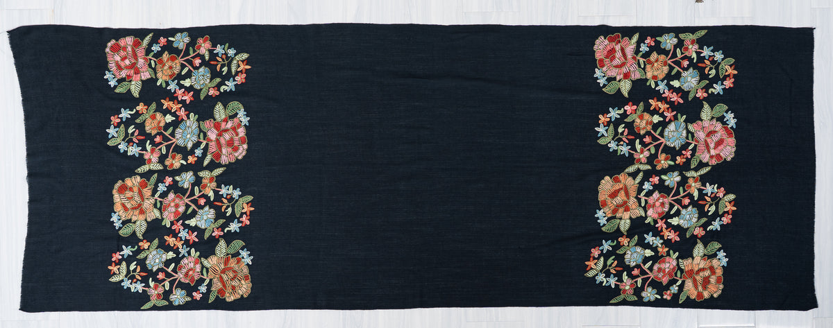 Midnight Garden Aari Hand Embroidered Fine merino wool scarf with Vibrant Floral Blossoms