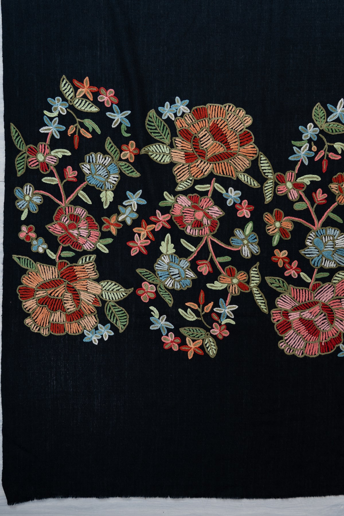 Midnight Garden Aari Hand Embroidered Fine merino wool scarf with Vibrant Floral Blossoms