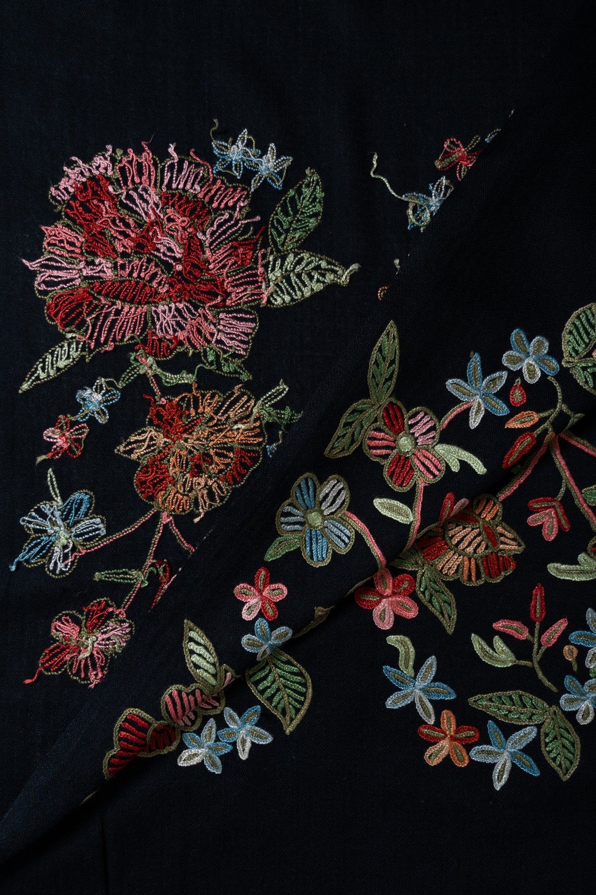 Midnight Garden Aari Hand Embroidered Fine merino wool scarf with Vibrant Floral Blossoms