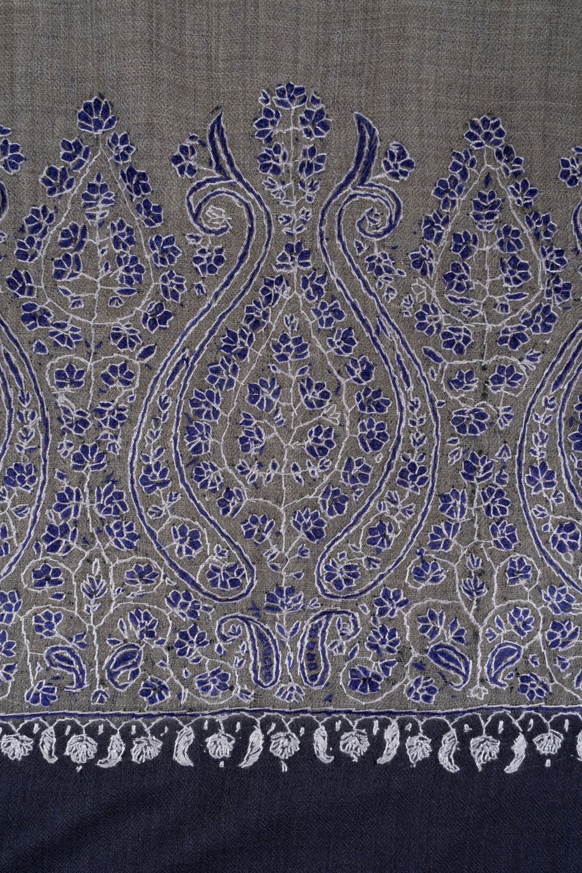 Sapphire Border Classic: Merino wool 2.5 Yards Sozni Hand Embroidered Shawl