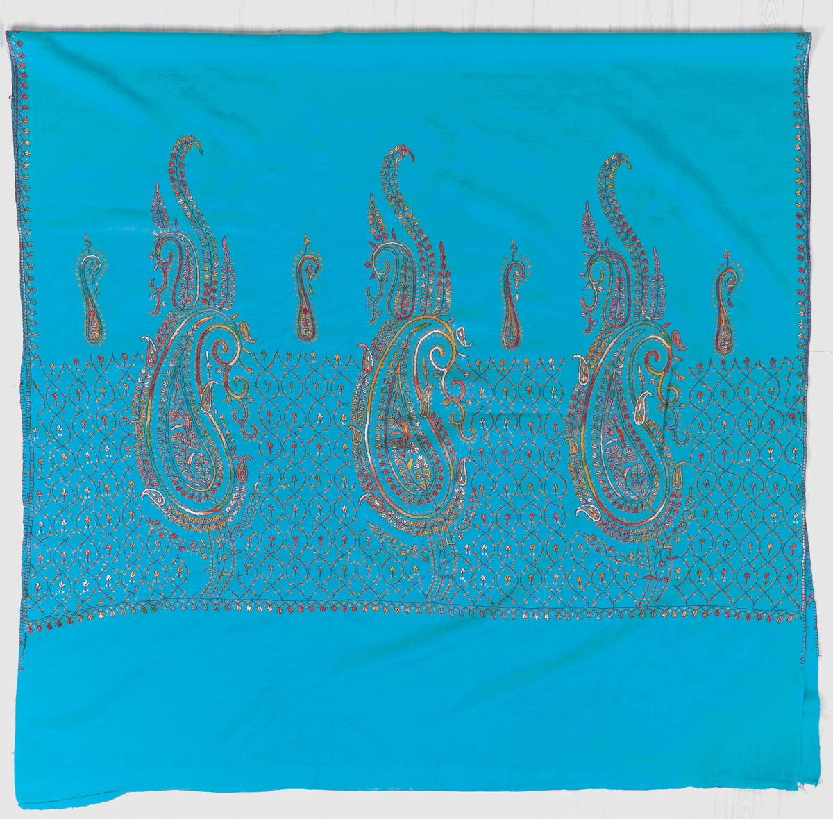 Turquoise Elegance Sozni Hand Embroidered Fine merino wool Shawl with Multicolored Paisley Motifs