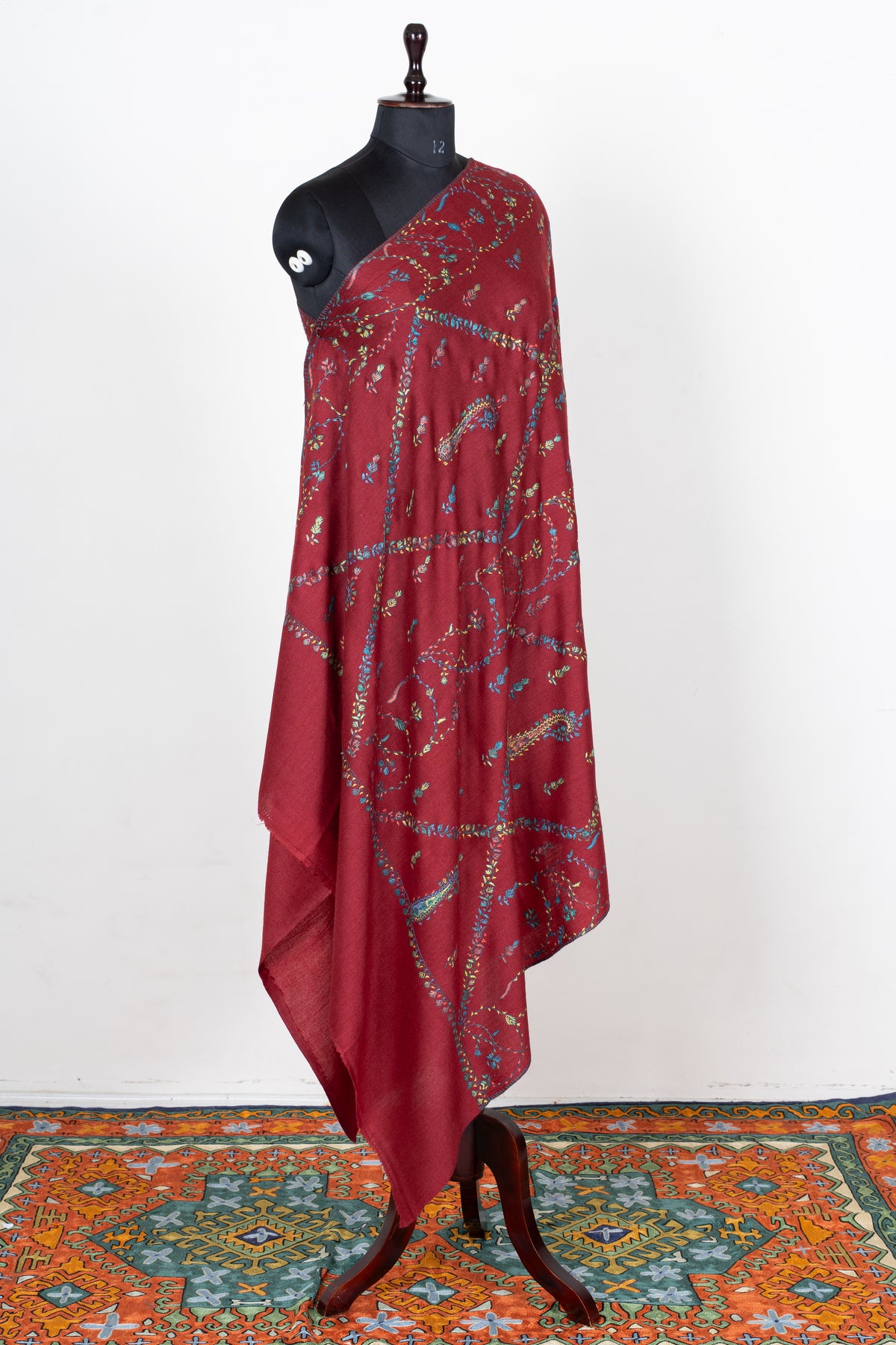 Crimson Wildflower Merino Wool Shawl with Multicolour Sozni Hand Embroidered Vines