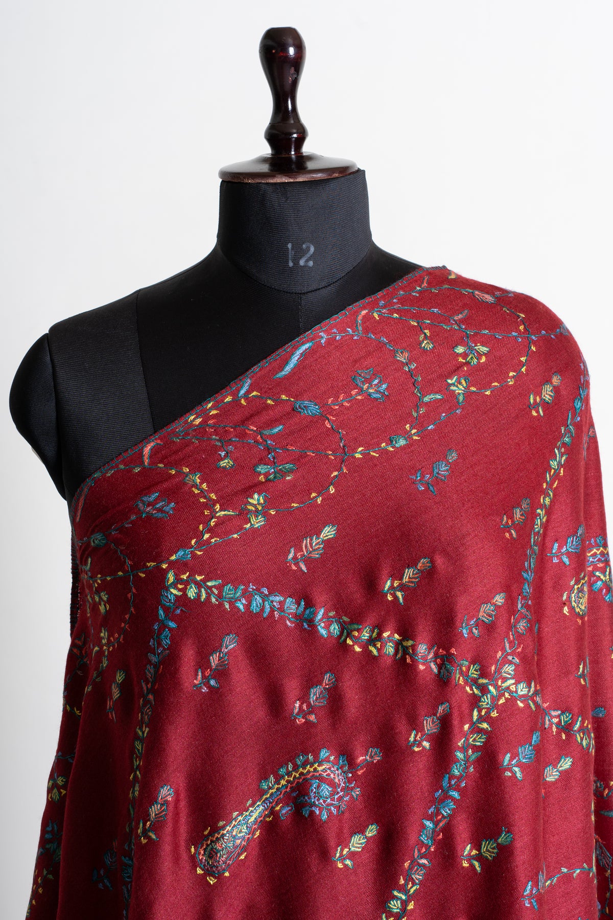 Crimson Wildflower Merino Wool Shawl with Multicolour Sozni Hand Embroidered Vines