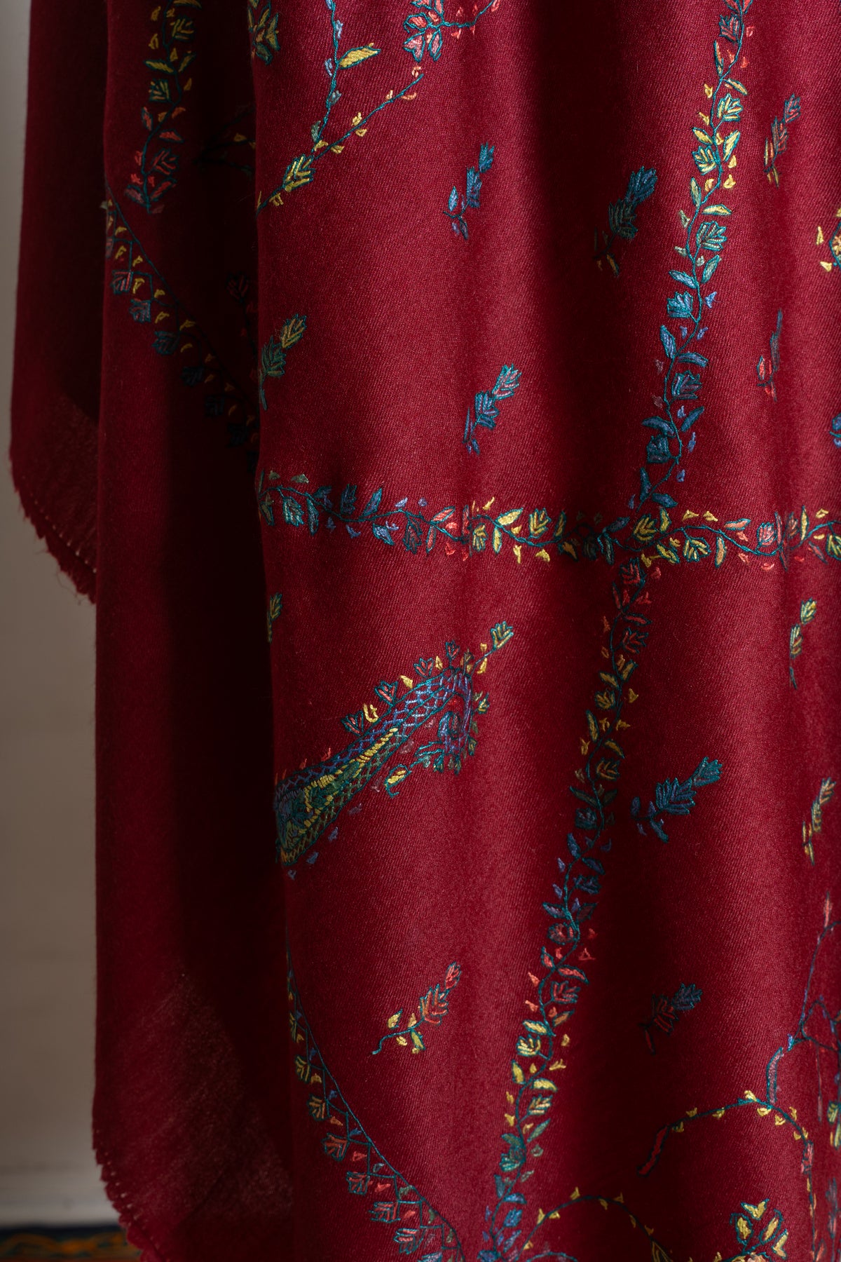 Crimson Wildflower Merino Wool Shawl with Multicolour Sozni Hand Embroidered Vines