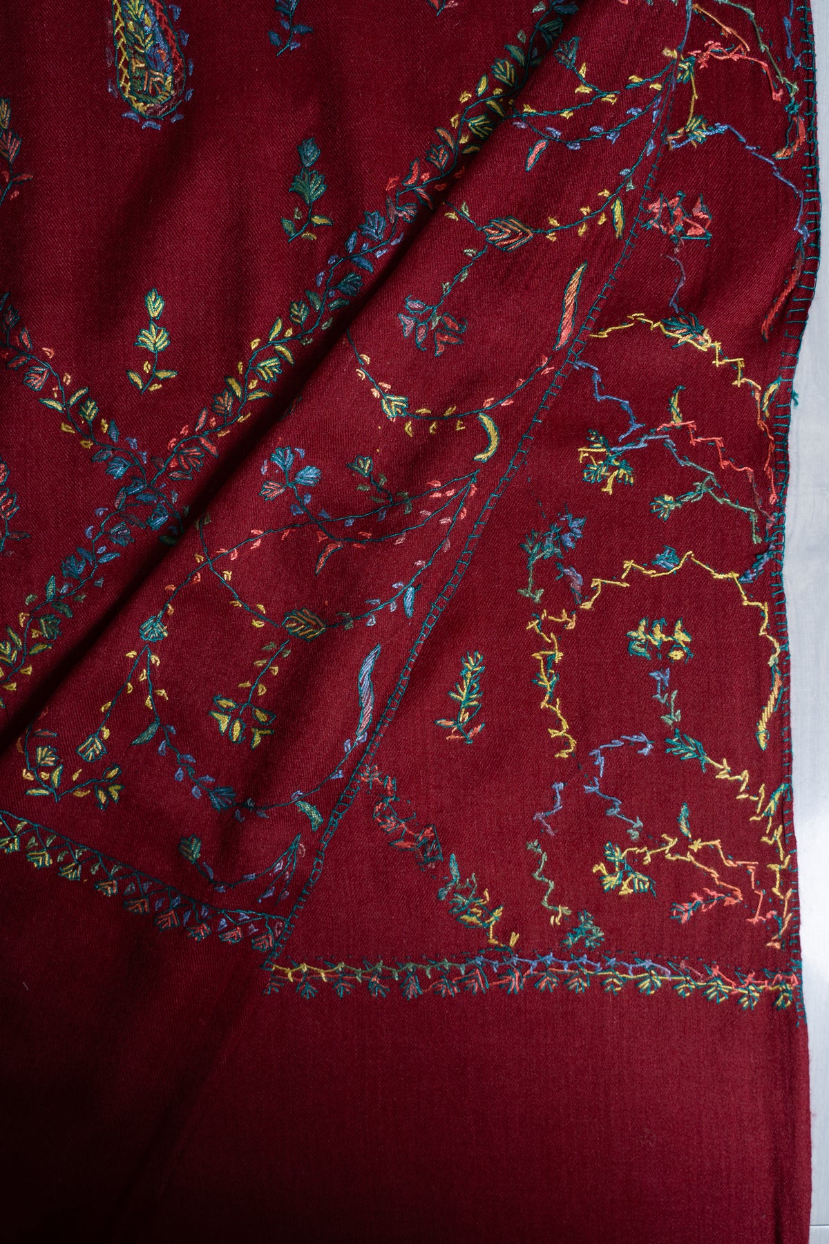 Crimson Wildflower Merino Wool Shawl with Multicolour Sozni Hand Embroidered Vines