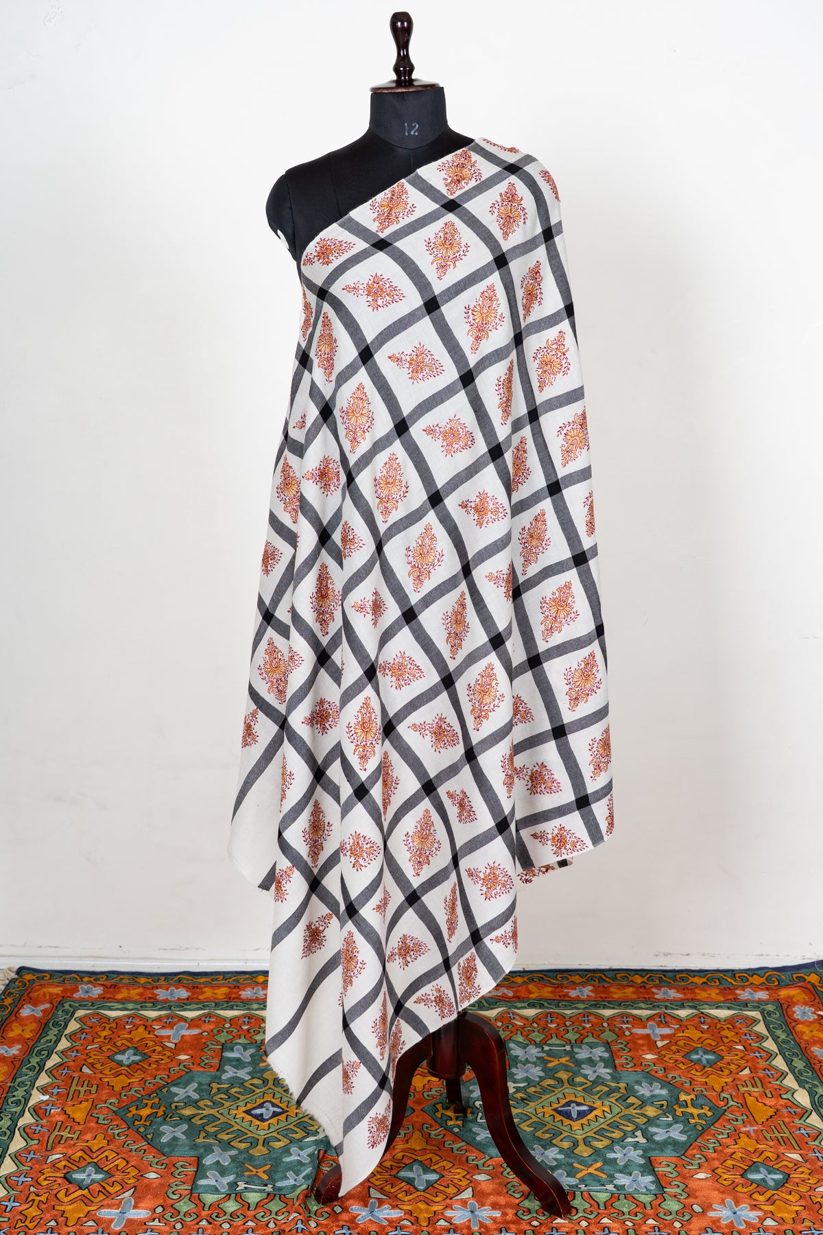 Ivory Grid Merino Wool Shawl with Amber Sozni Hand Embroidered Floral Motifs