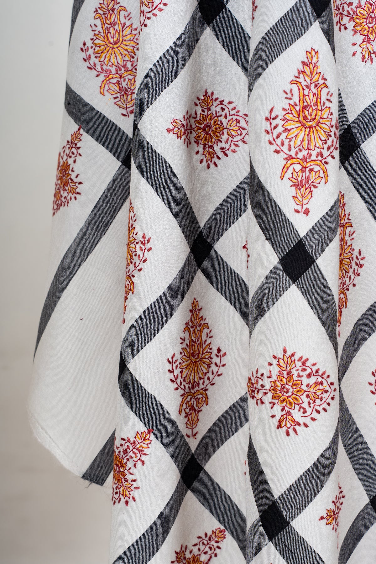 Ivory Grid Merino Wool Shawl with Amber Sozni Hand Embroidered Floral Motifs