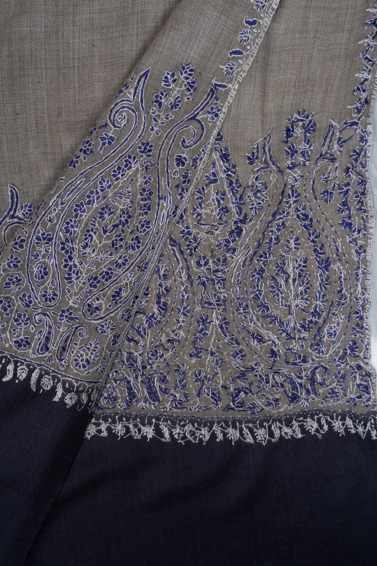 Sapphire Border Classic: Merino wool 2.5 Yards Sozni Hand Embroidered Shawl
