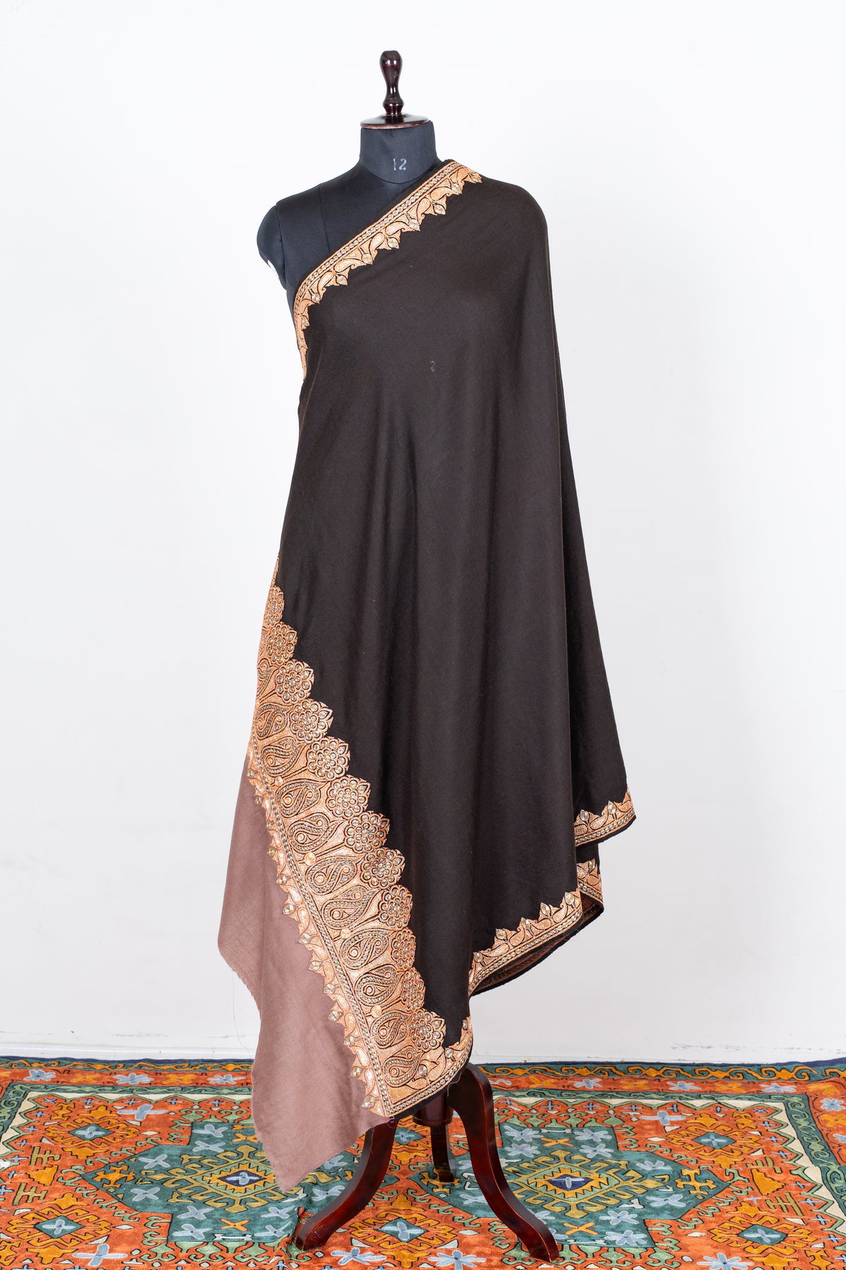 Ebony Opulence Merino Wool Shawl with machine tilla Embroidered Floral Borders