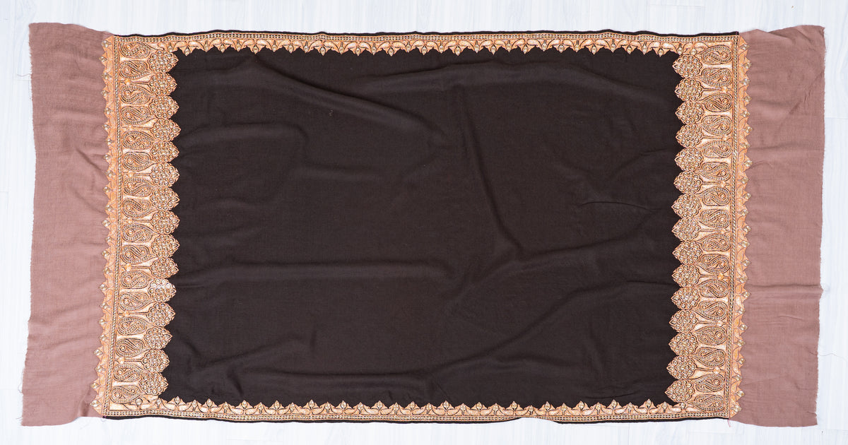 Ebony Opulence Merino Wool Shawl with machine tilla Embroidered Floral Borders
