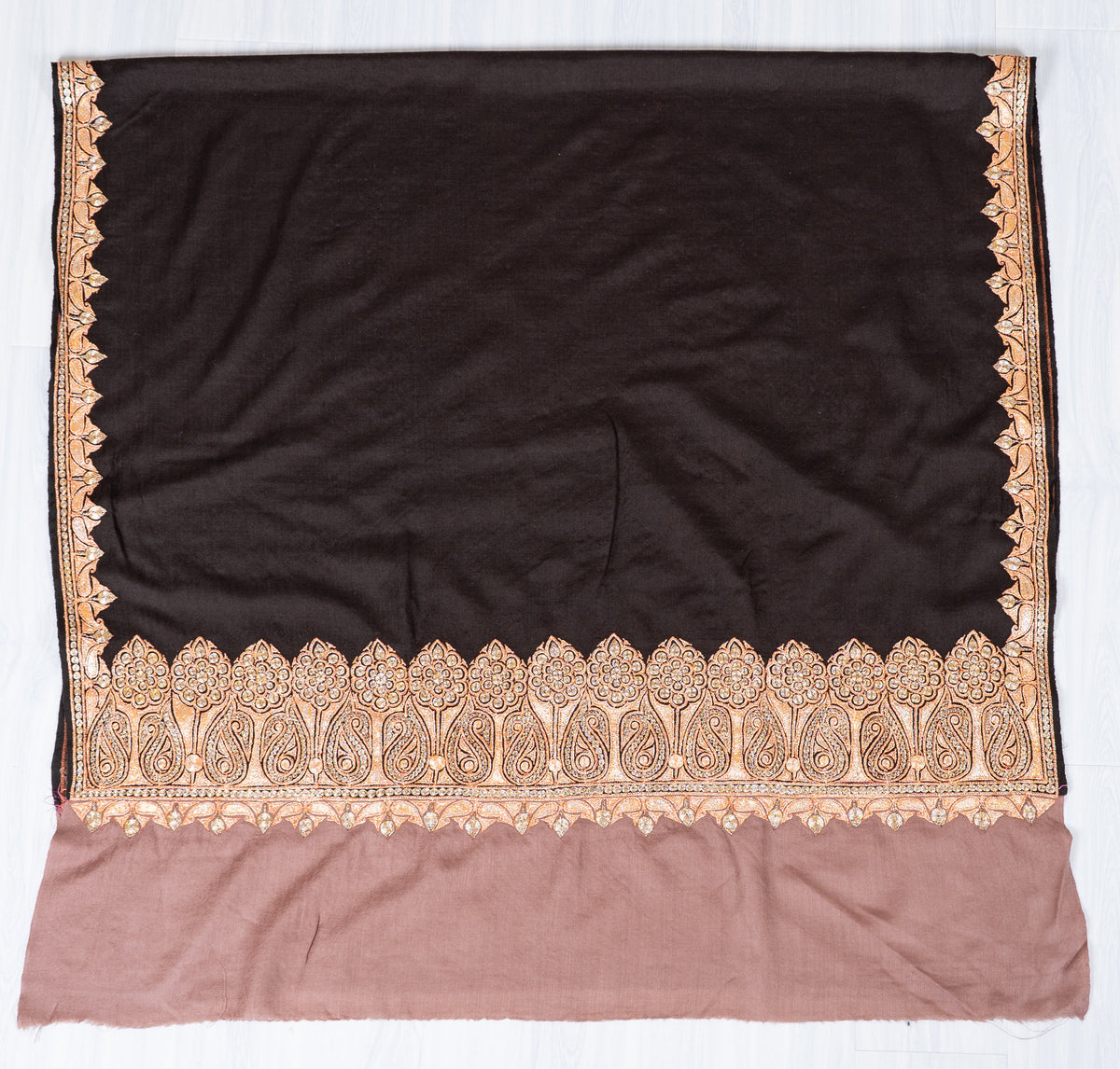 Ebony Opulence Merino Wool Shawl with machine tilla Embroidered Floral Borders
