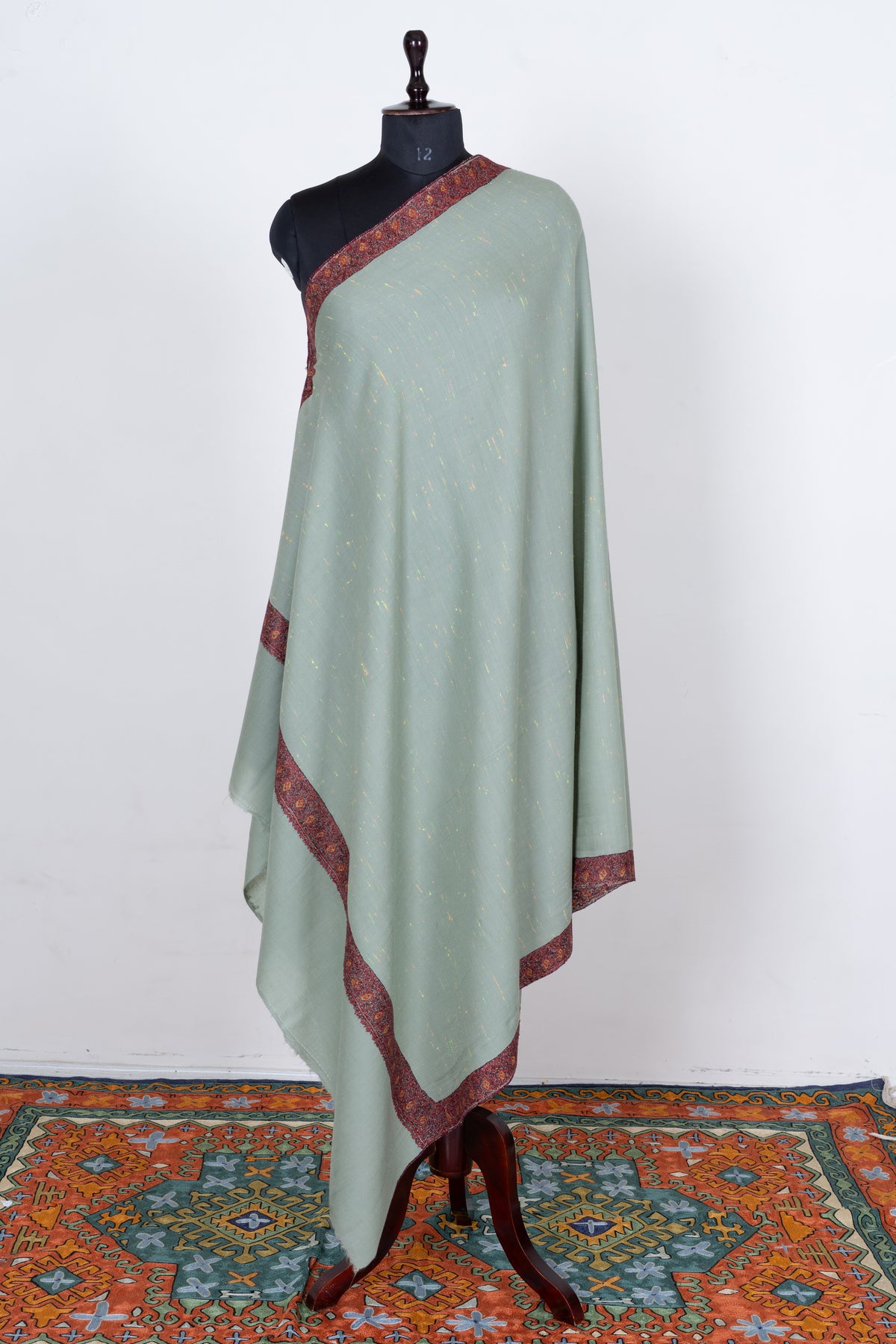 Celestial Mint Merino Wool Shawl with Sozni Hand Embroidered Vintage Floral Borders