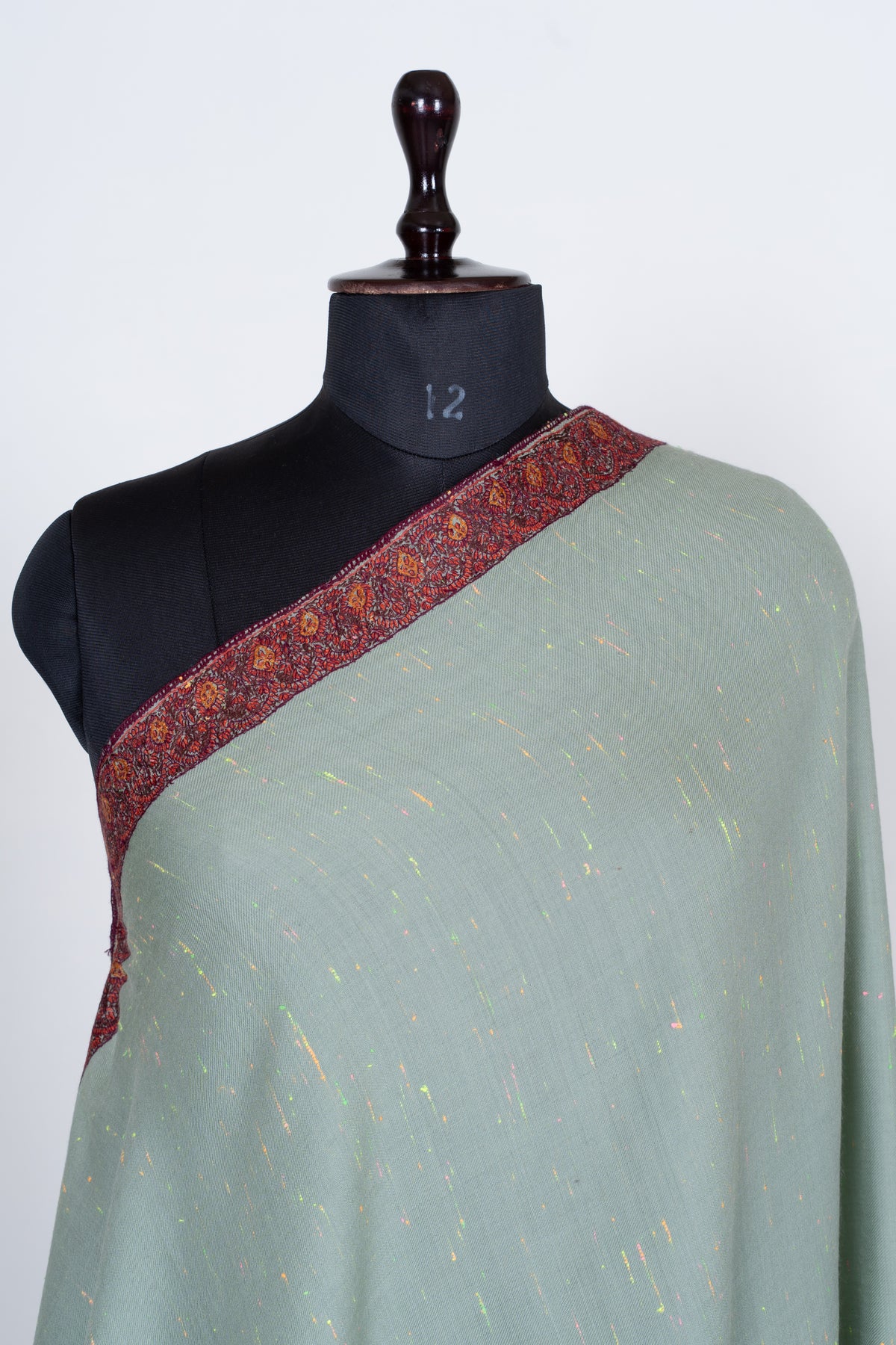 Celestial Mint Merino Wool Shawl with Sozni Hand Embroidered Vintage Floral Borders