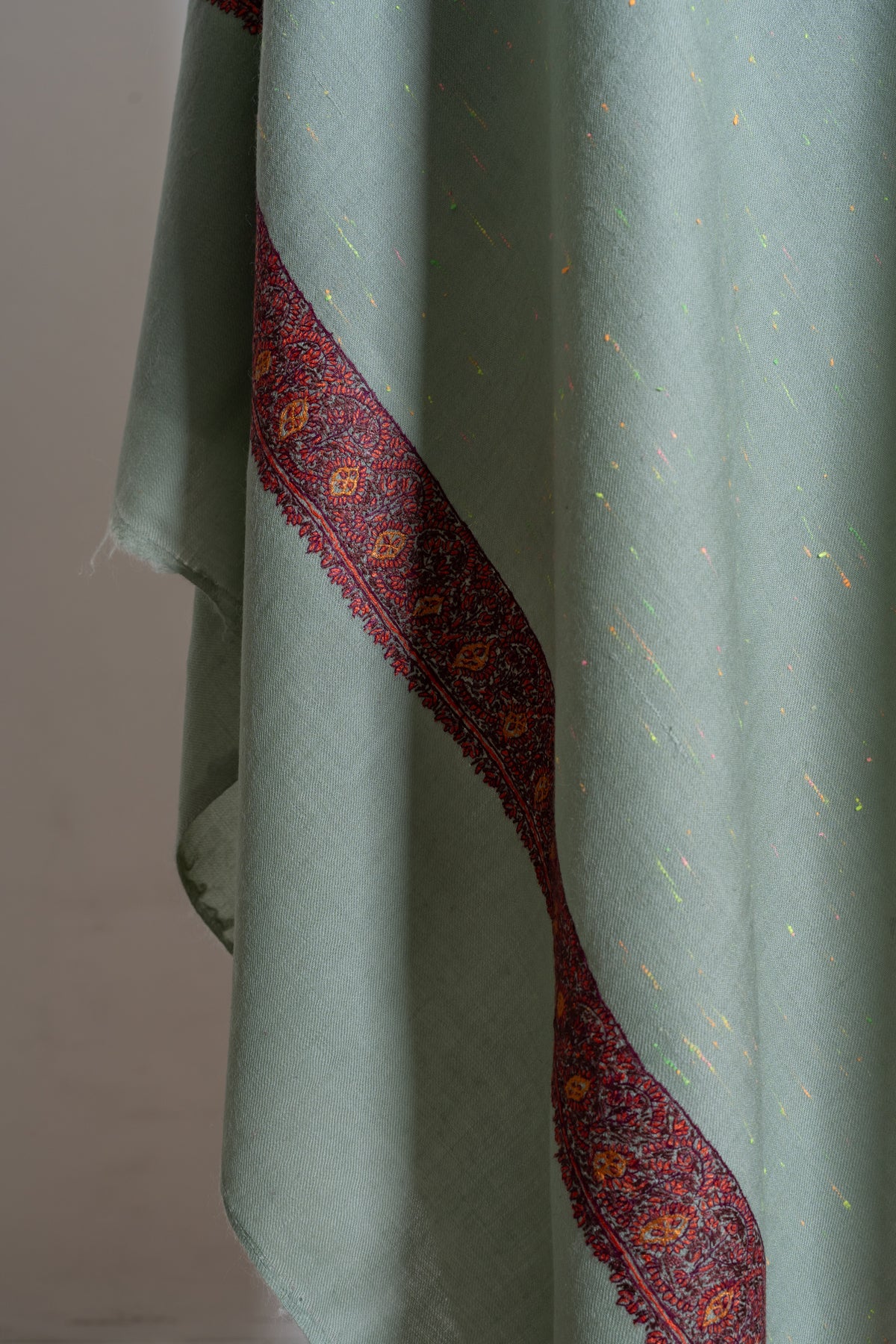 Celestial Mint Merino Wool Shawl with Sozni Hand Embroidered Vintage Floral Borders