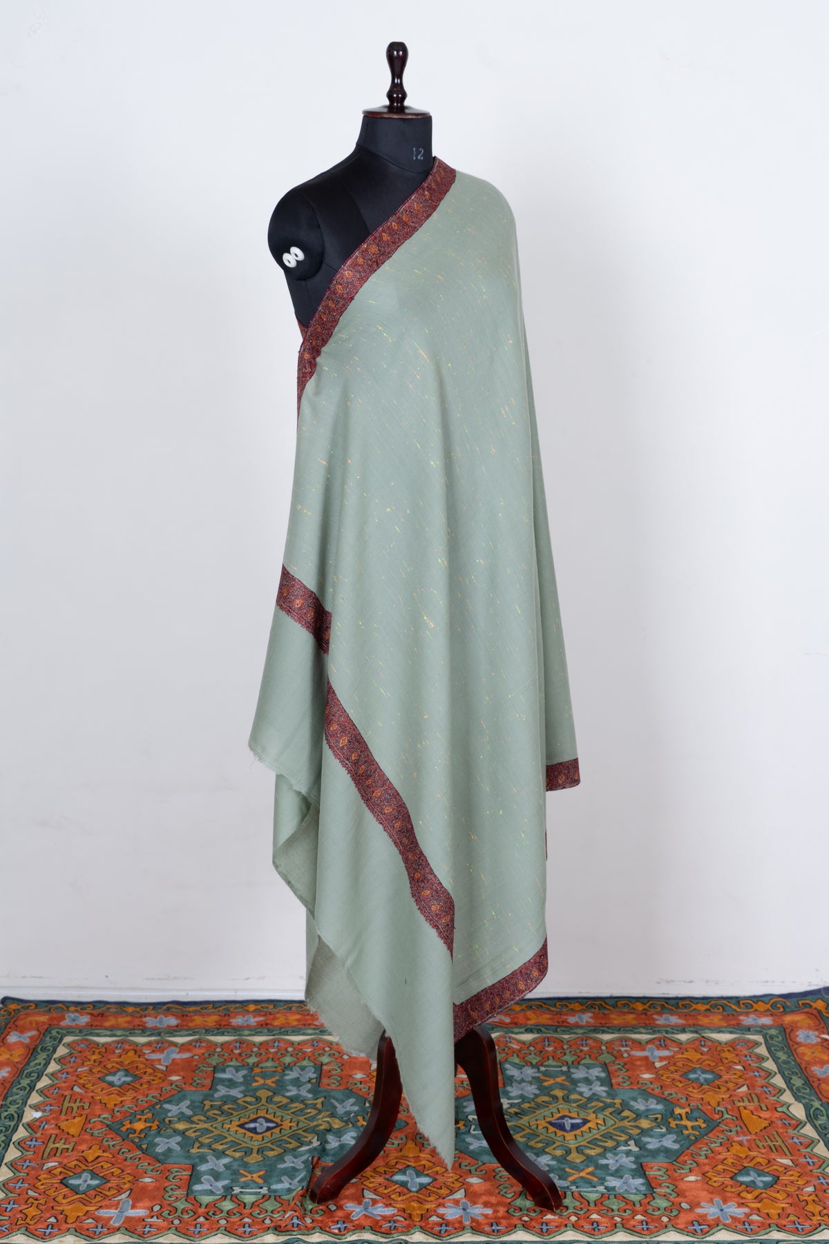 Celestial Mint Merino Wool Shawl with Sozni Hand Embroidered Vintage Floral Borders
