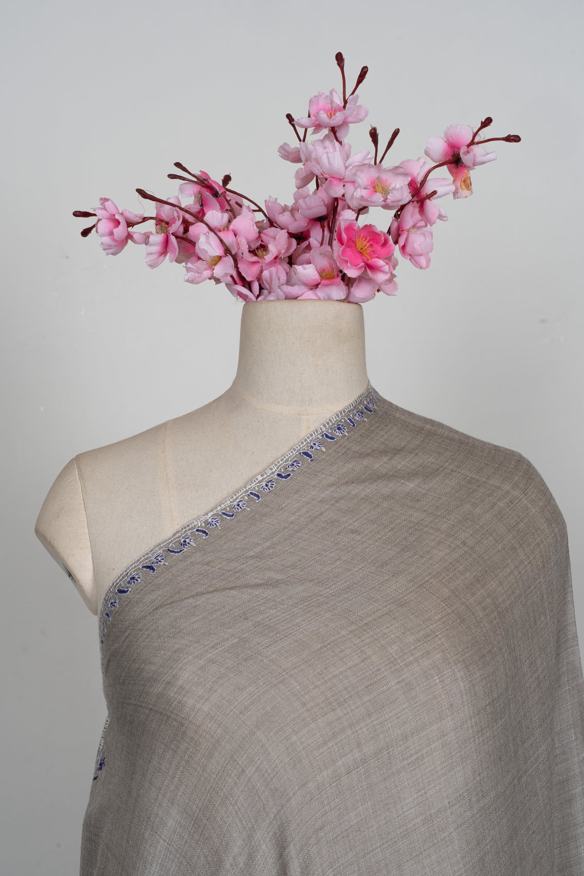 Sapphire Border Classic: Merino wool 2.5 Yards Sozni Hand Embroidered Shawl