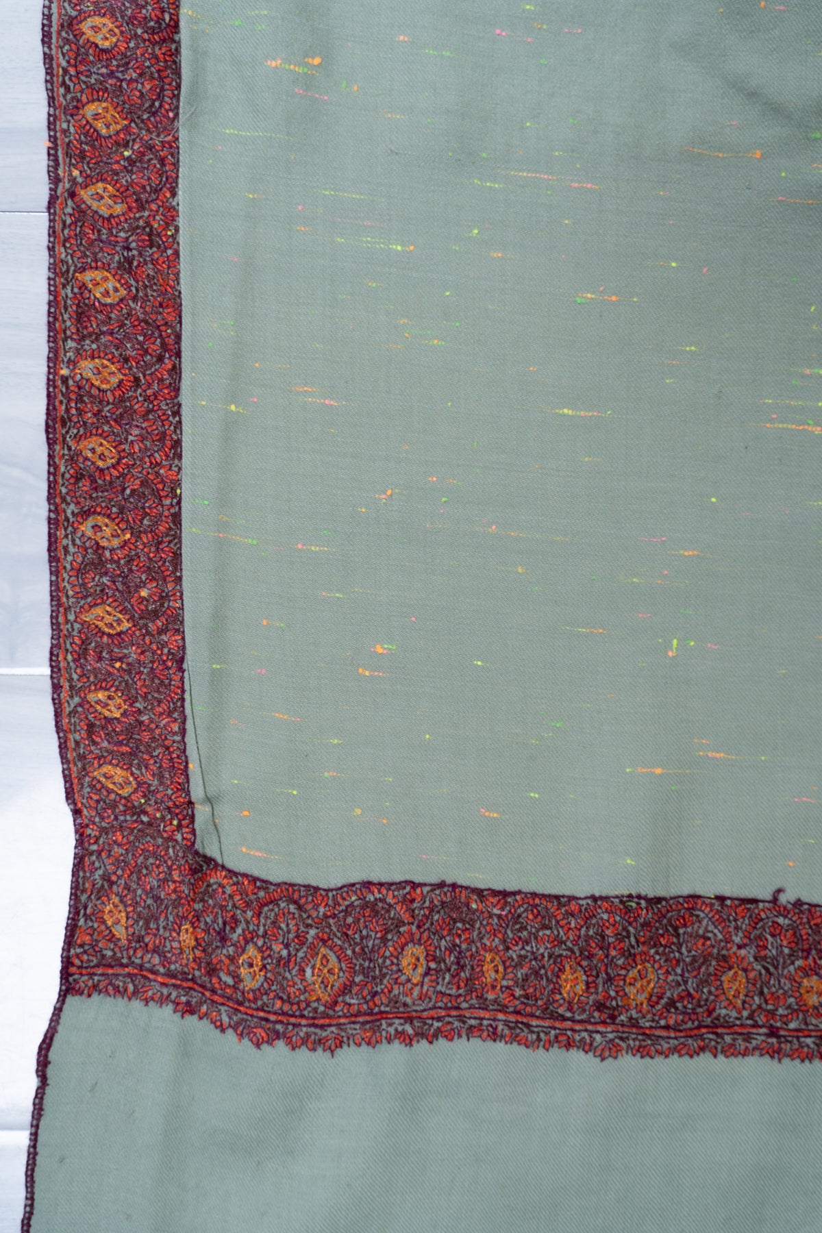 Celestial Mint Merino Wool Shawl with Sozni Hand Embroidered Vintage Floral Borders