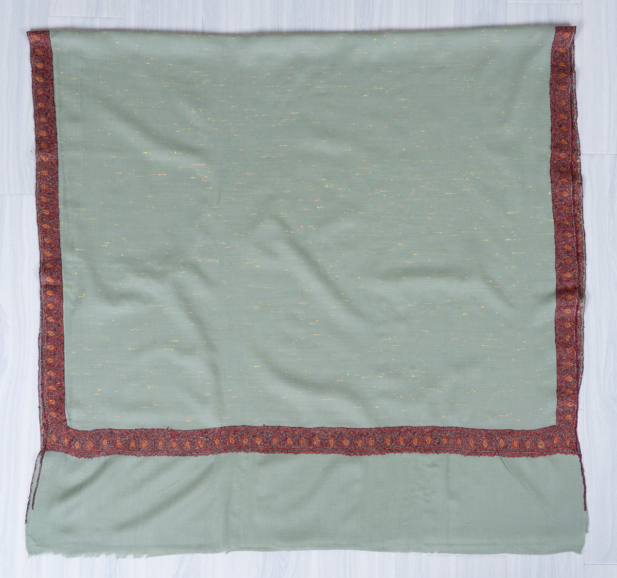 Celestial Mint Merino Wool Shawl with Sozni Hand Embroidered Vintage Floral Borders
