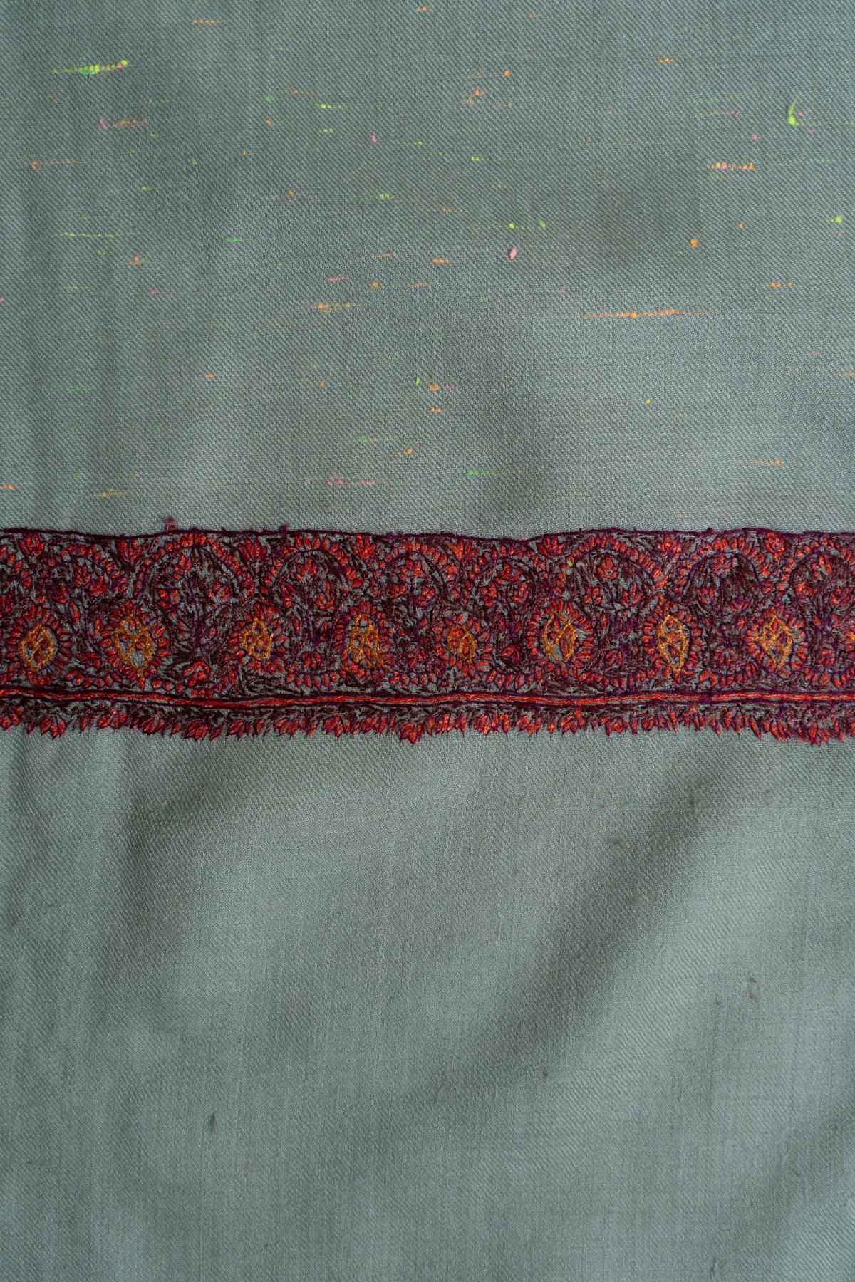 Celestial Mint Merino Wool Shawl with Sozni Hand Embroidered Vintage Floral Borders