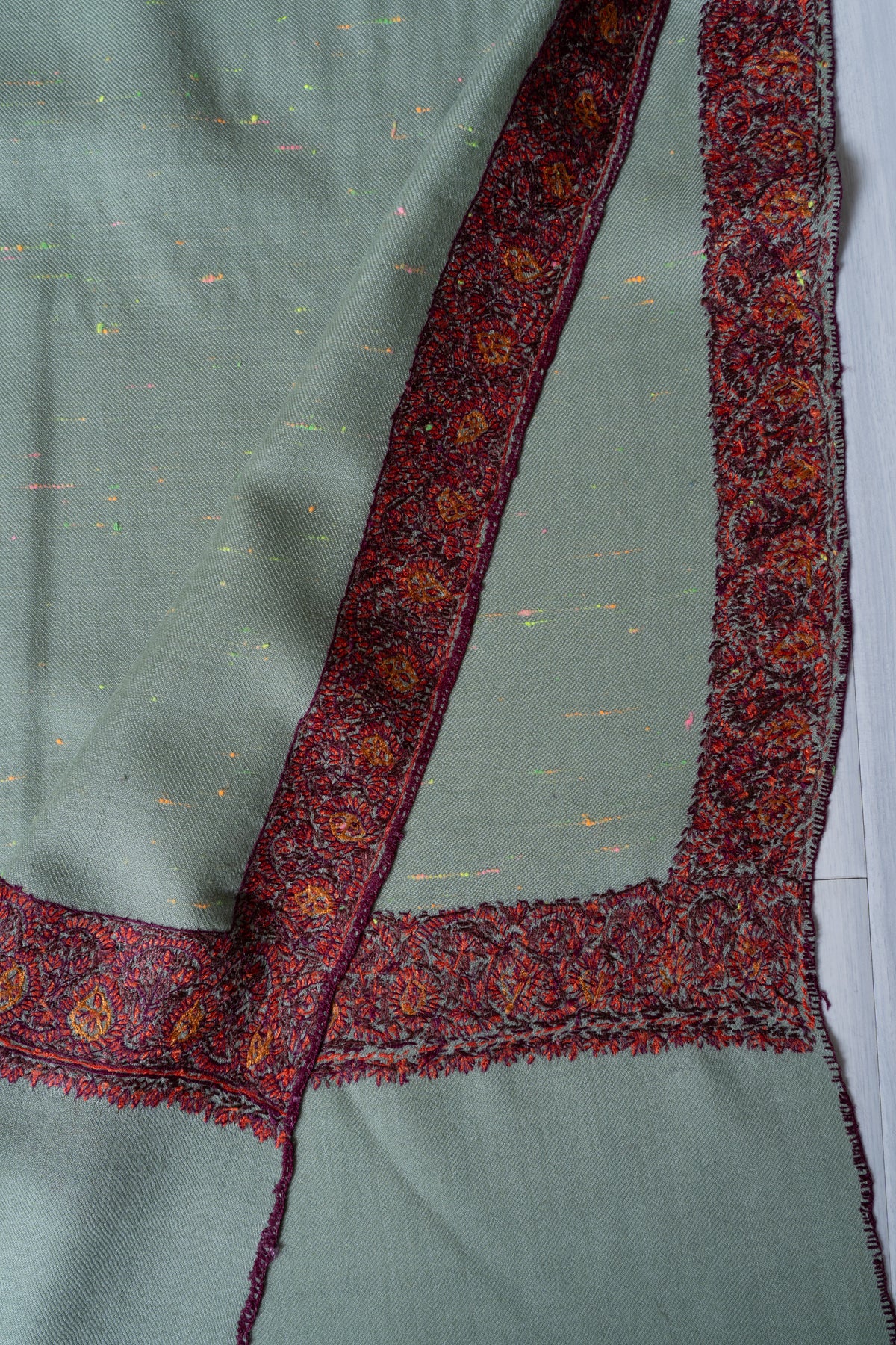 Celestial Mint Merino Wool Shawl with Sozni Hand Embroidered Vintage Floral Borders