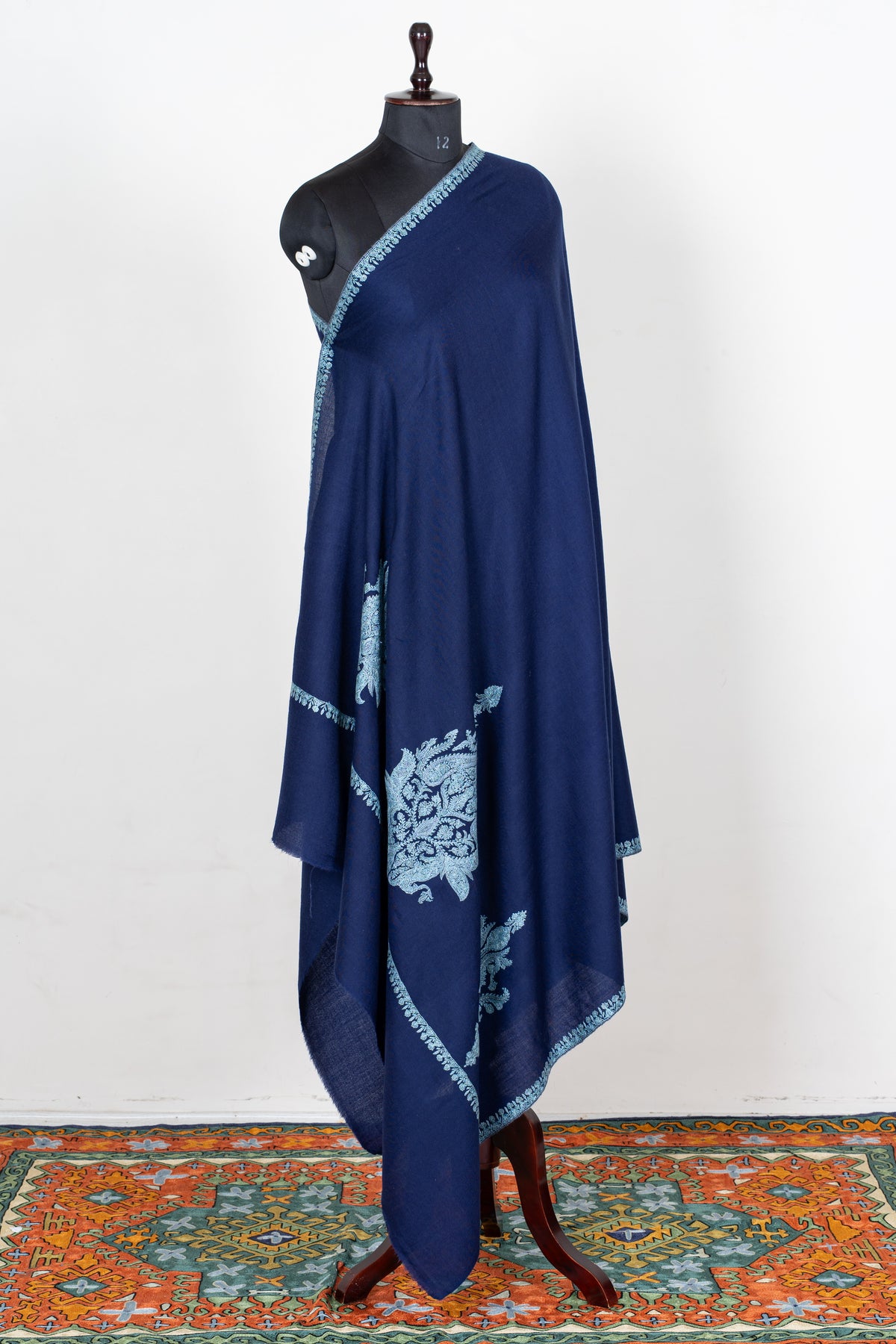 Royal Cobalt Merino Wool Shawl with Frost Blue Sozni Hand Embroidered Floral Accents