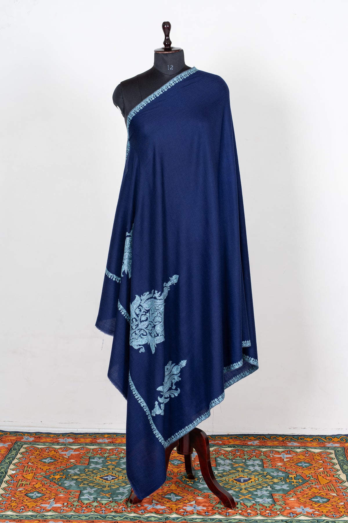 Royal Cobalt Merino Wool Shawl with Frost Blue Sozni Hand Embroidered Floral Accents
