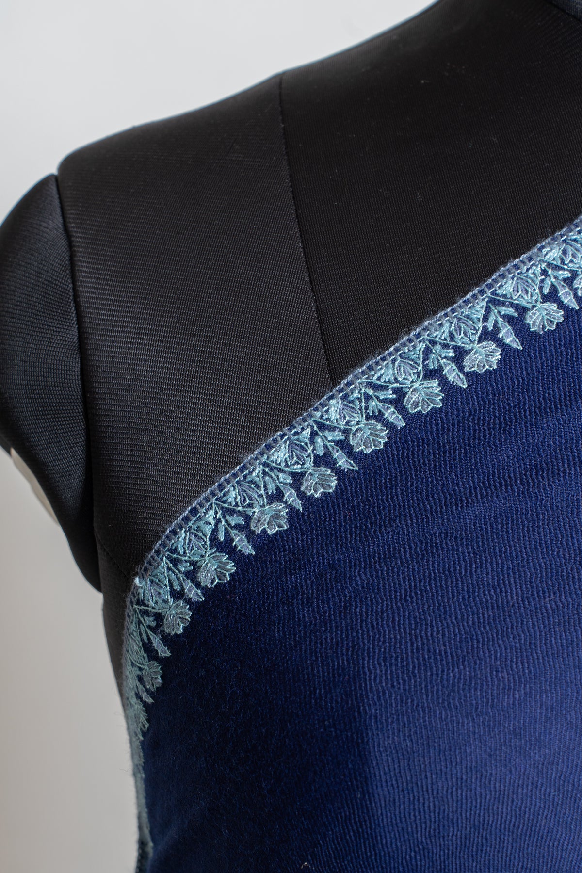 Royal Cobalt Merino Wool Shawl with Frost Blue Sozni Hand Embroidered Floral Accents