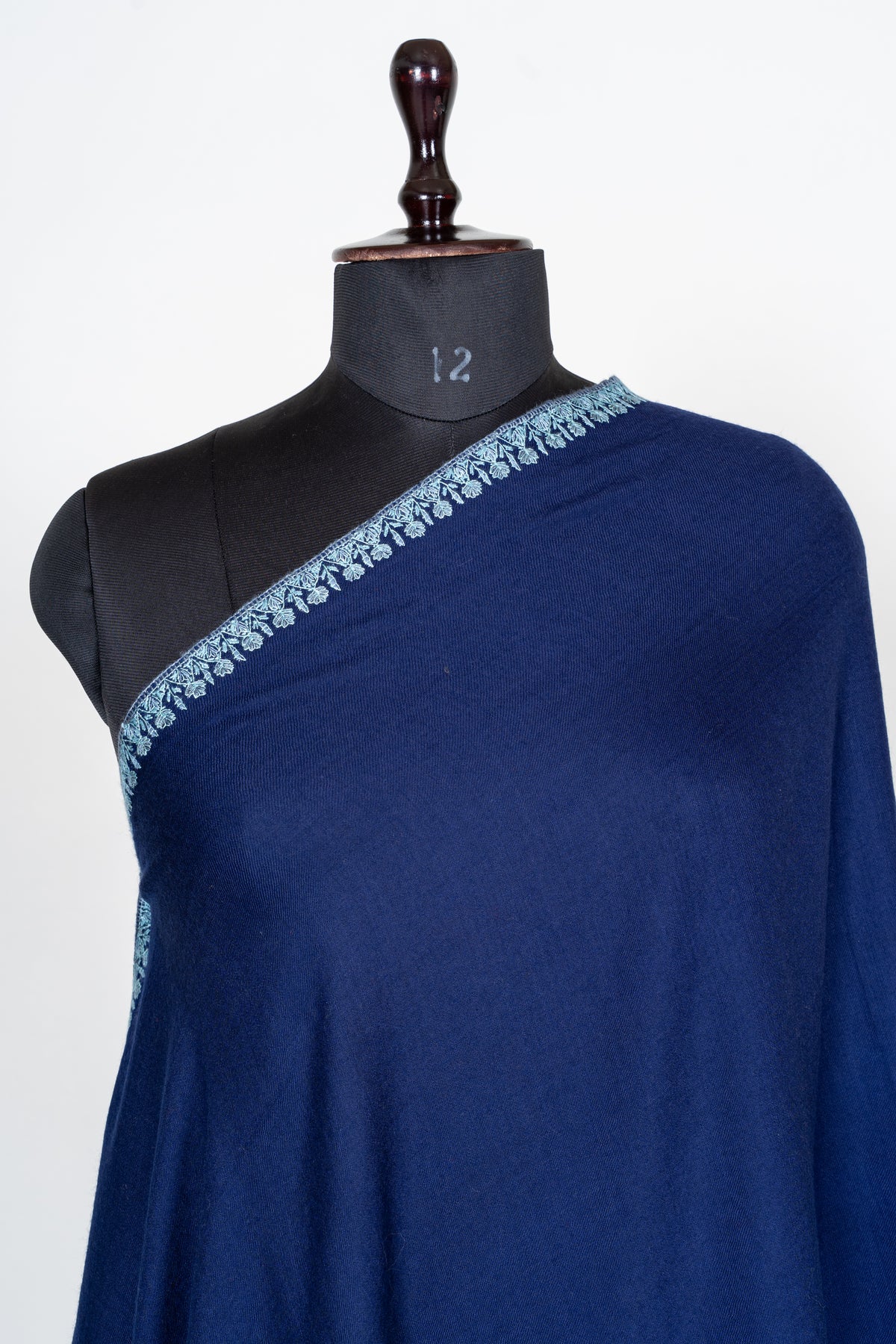 Royal Cobalt Merino Wool Shawl with Frost Blue Sozni Hand Embroidered Floral Accents
