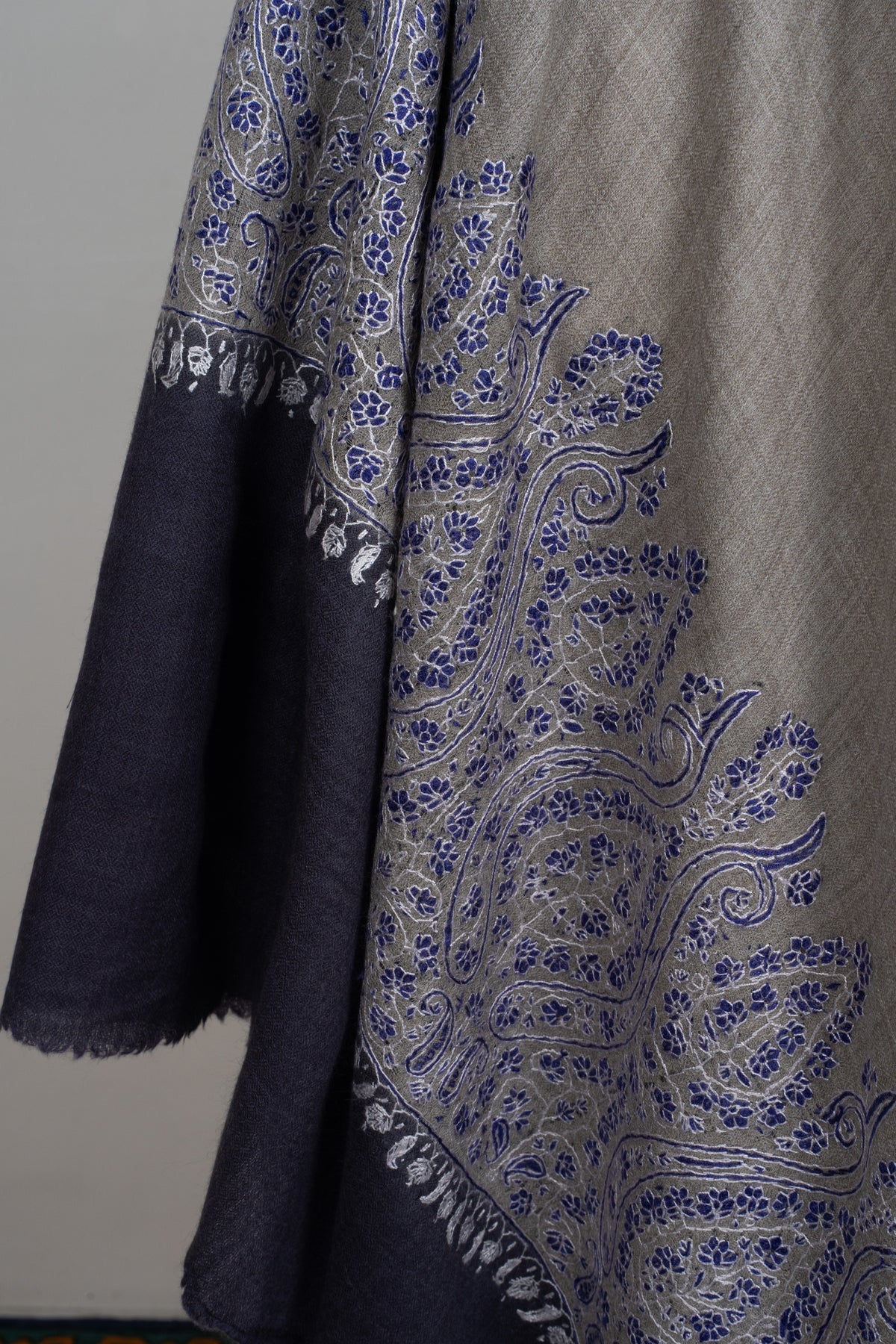 Sapphire Border Classic: Merino wool 2.5 Yards Sozni Hand Embroidered Shawl