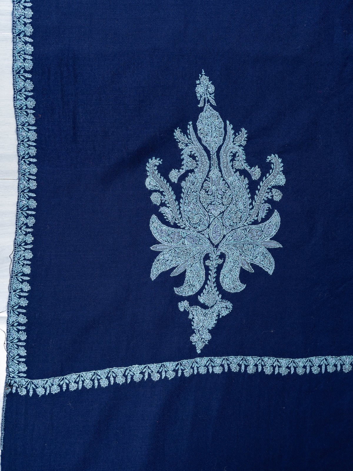 Royal Cobalt Merino Wool Shawl with Frost Blue Sozni Hand Embroidered Floral Accents