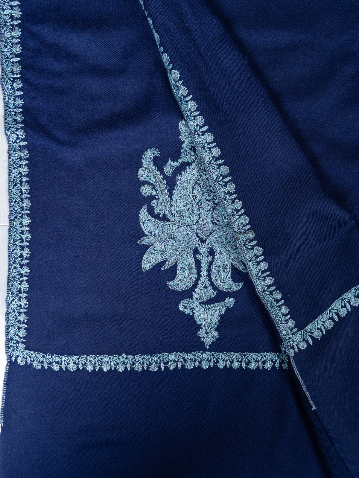 Royal Cobalt Merino Wool Shawl with Frost Blue Sozni Hand Embroidered Floral Accents