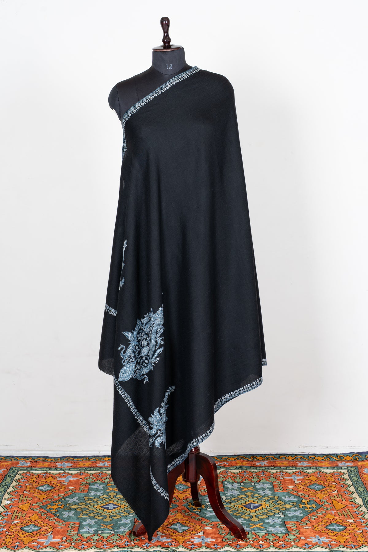 Moonlit Noir Merino Wool Shawl with Ice Blue Sozni Hand Embroidered Botanical Motifs